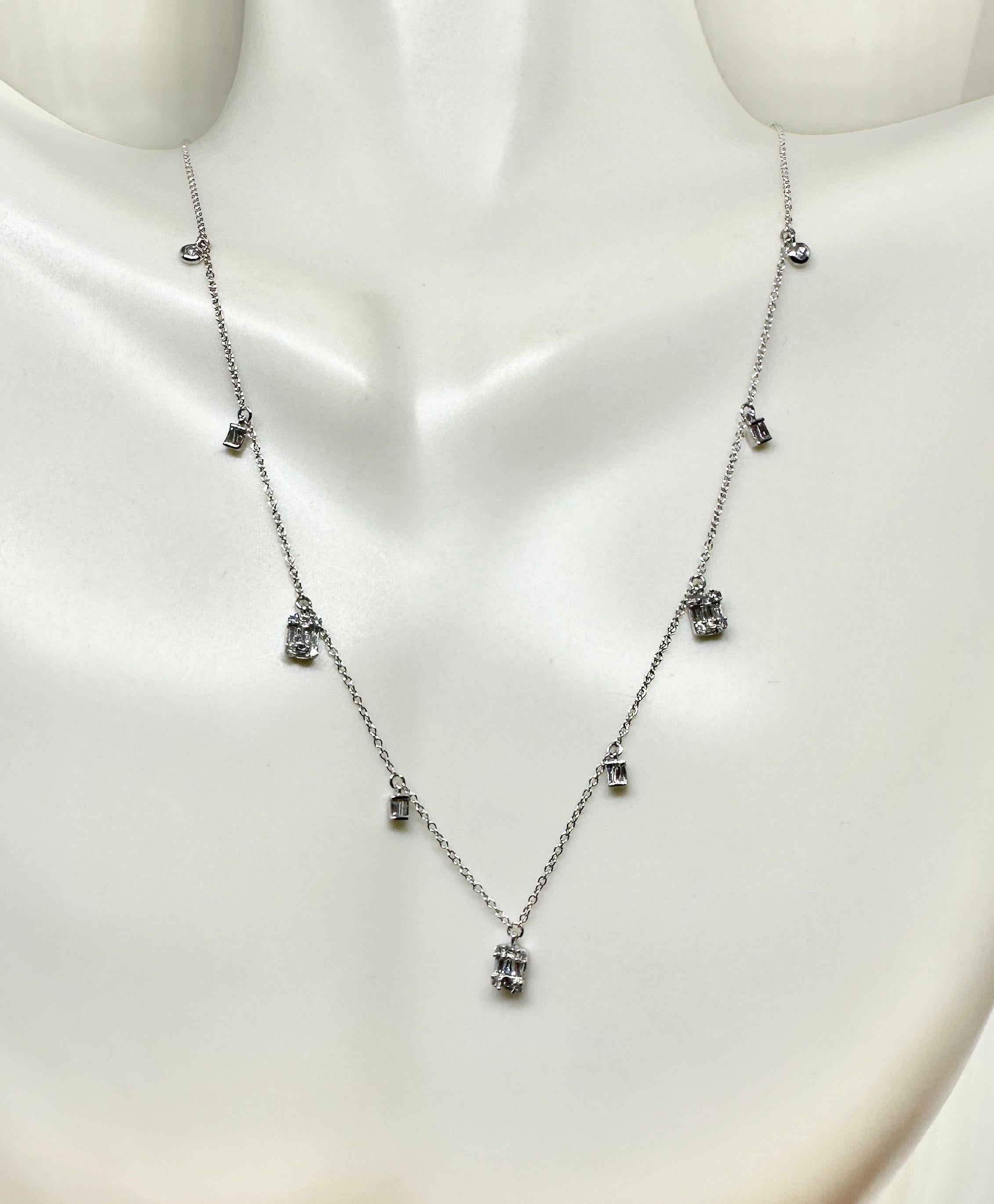 Collar Estación Diamantes Baguette Oro Blanco 14 Kilates 16