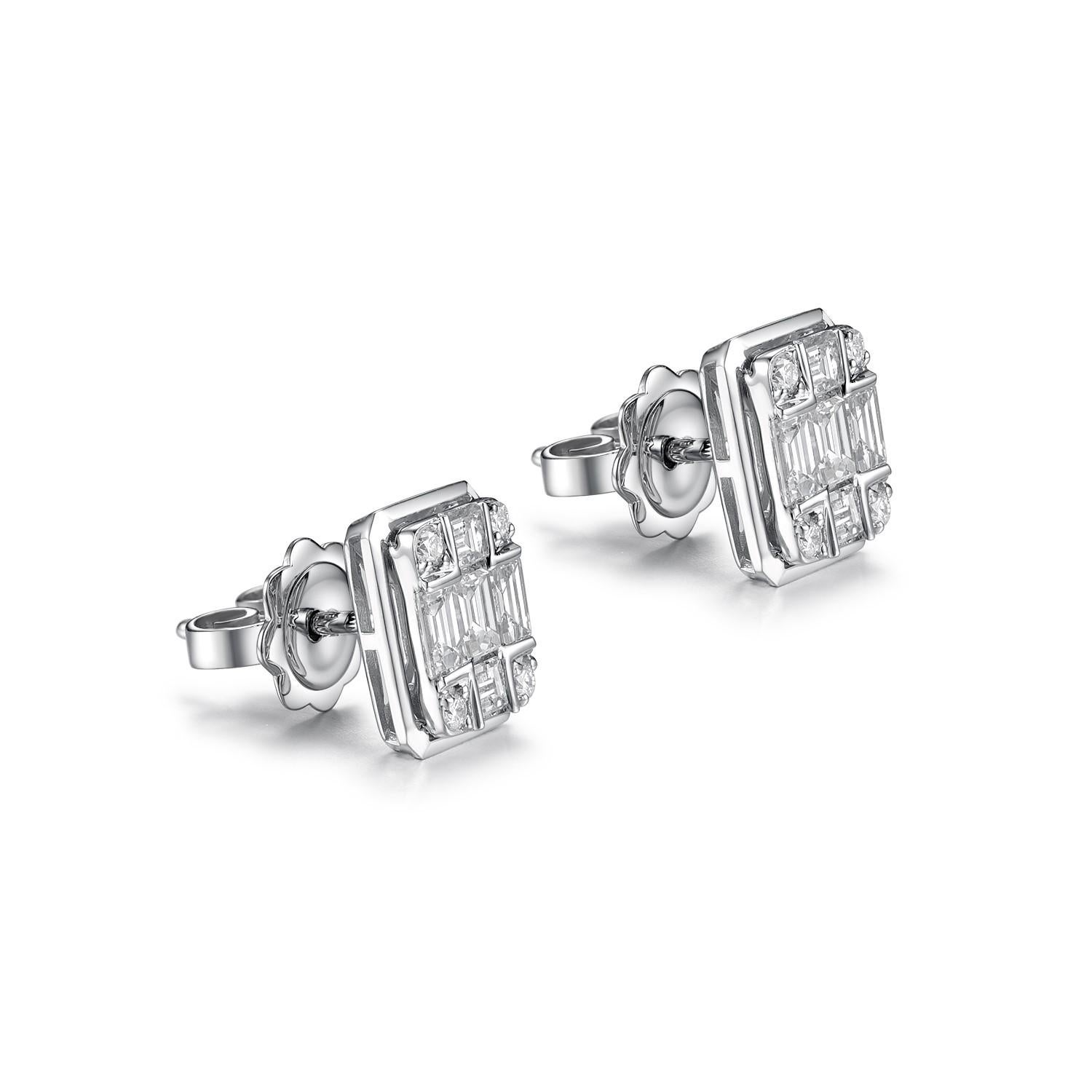 These stud earrings are a stunning creation, expertly crafted from 18K white gold to offer both durability and a sophisticated sheen. The design is modern yet timeless, featuring a geometric layout that showcases a skillful blend of diamond