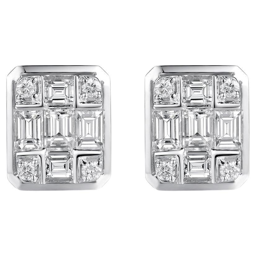Baguette Diamond Stud Earrings in 18K White Gold For Sale