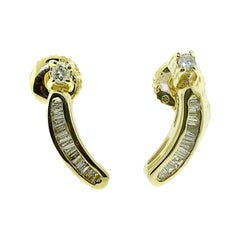 Baguette Diamond Studded Curved in Yellow Gold Link Stud Earrings