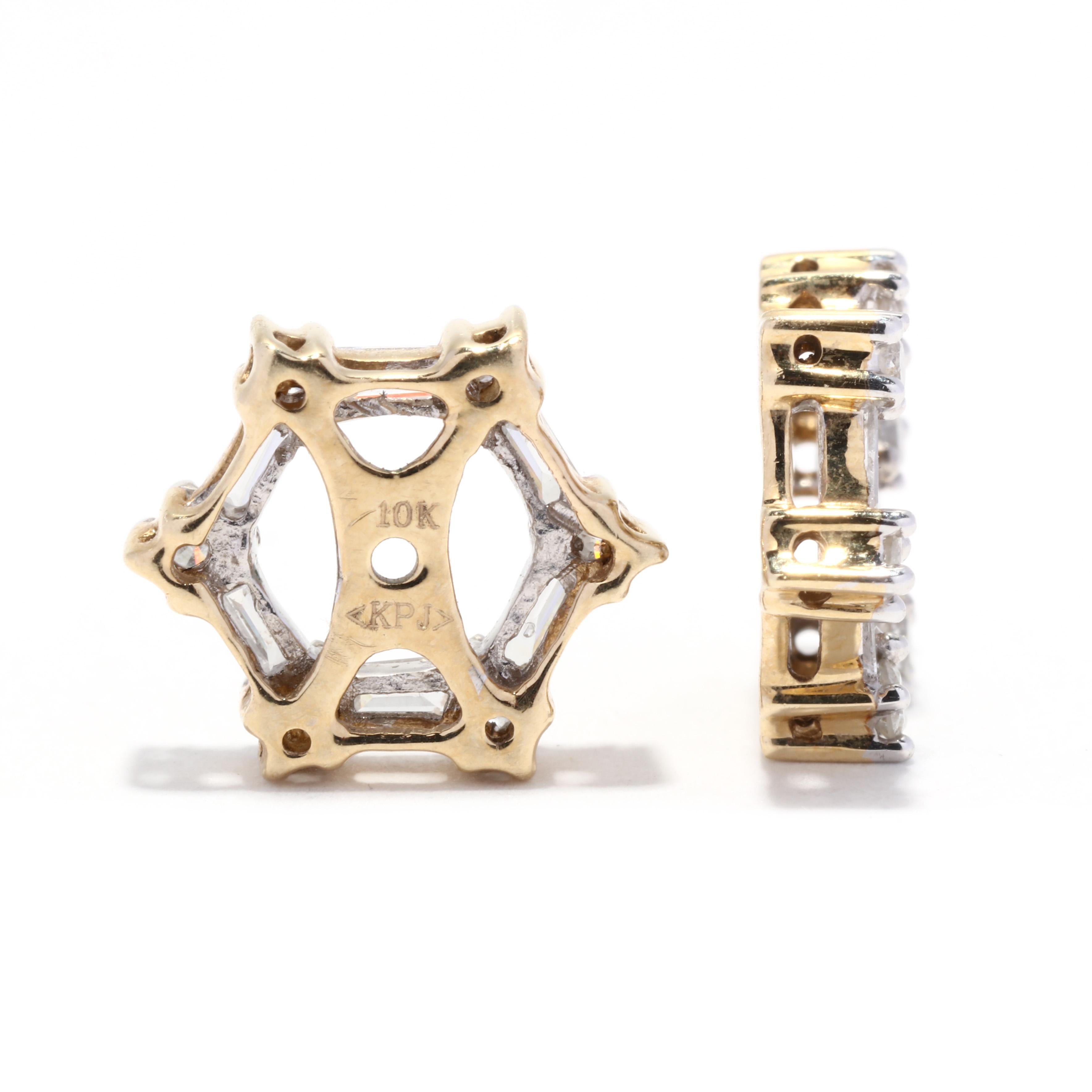 A pair of vintage 10 karat yellow gold diamond earring jackets. These simple earring jackets feature a hexagonal design with alternating baguette cut diamonds weighing approximately .50 total carats and round brilliant cut diamonds weighing