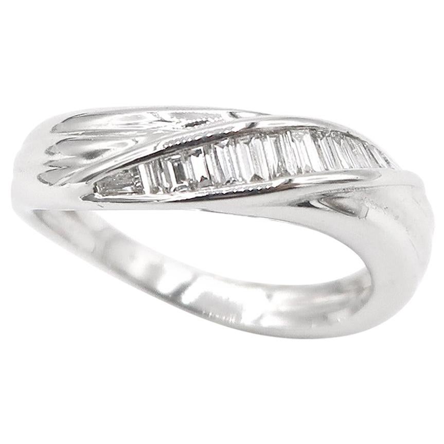 Baguette Diamond Wave Fluted 18 Karat White Gold Band Ring For Sale