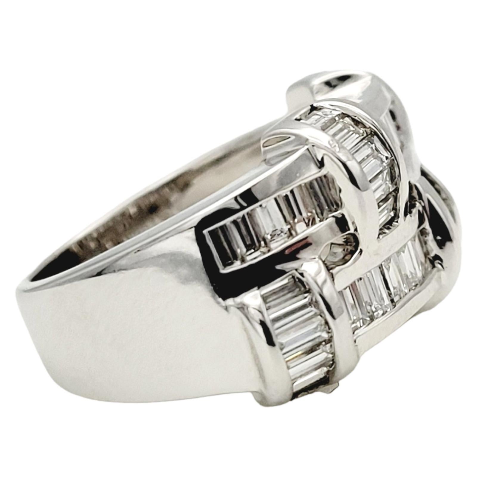Ring Size 5.5 

Shown here is a striking contemporary piece bursting with sparkle. Crafted in luxurious 18 karat white gold, this multi-row baguette diamond ring has a sleek and sophisticated design that shimmers from all angles, absolutely lighting