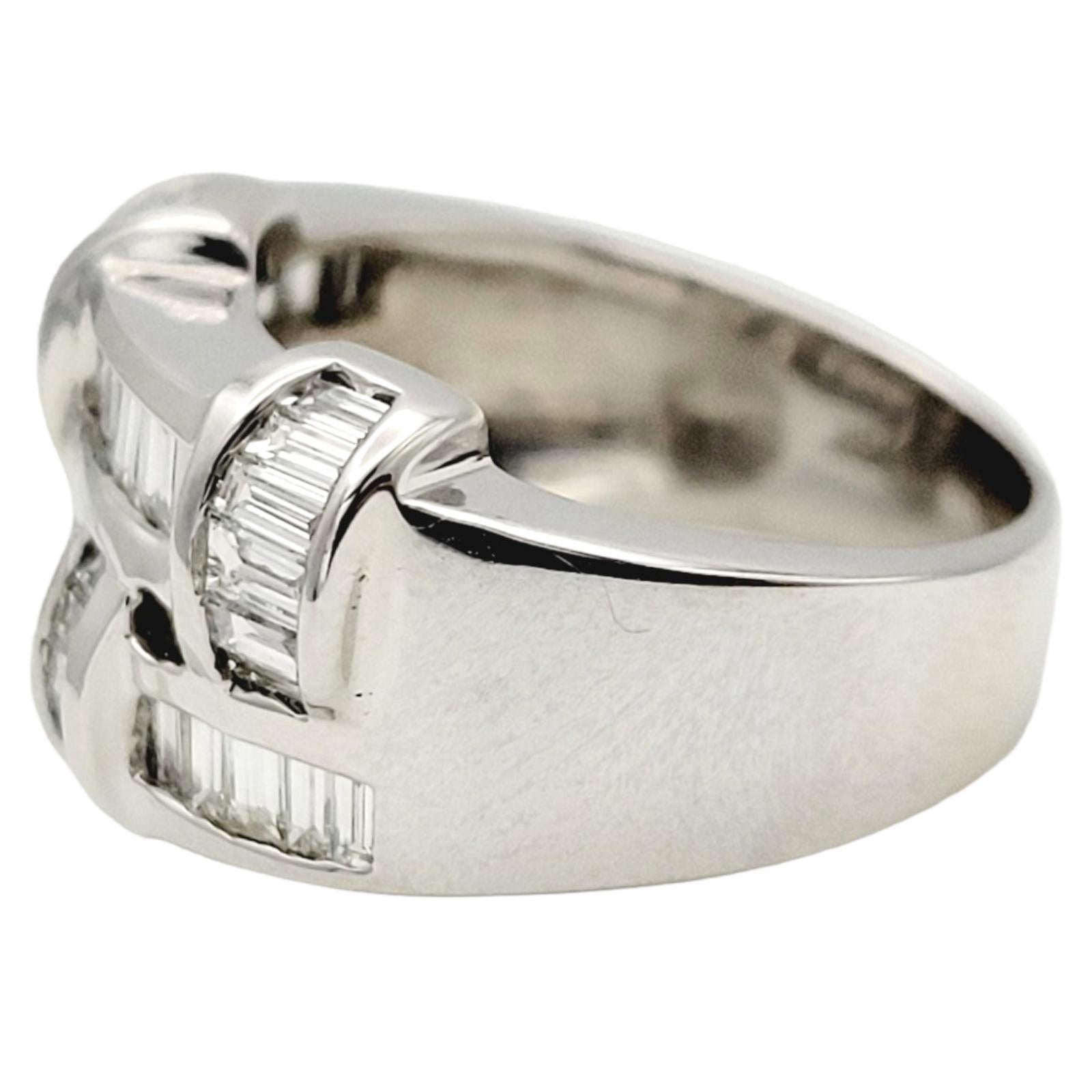 Baguette Cut Baguette Diamond Woven Two Band Four Station Ring in 18 Karat White Gold For Sale