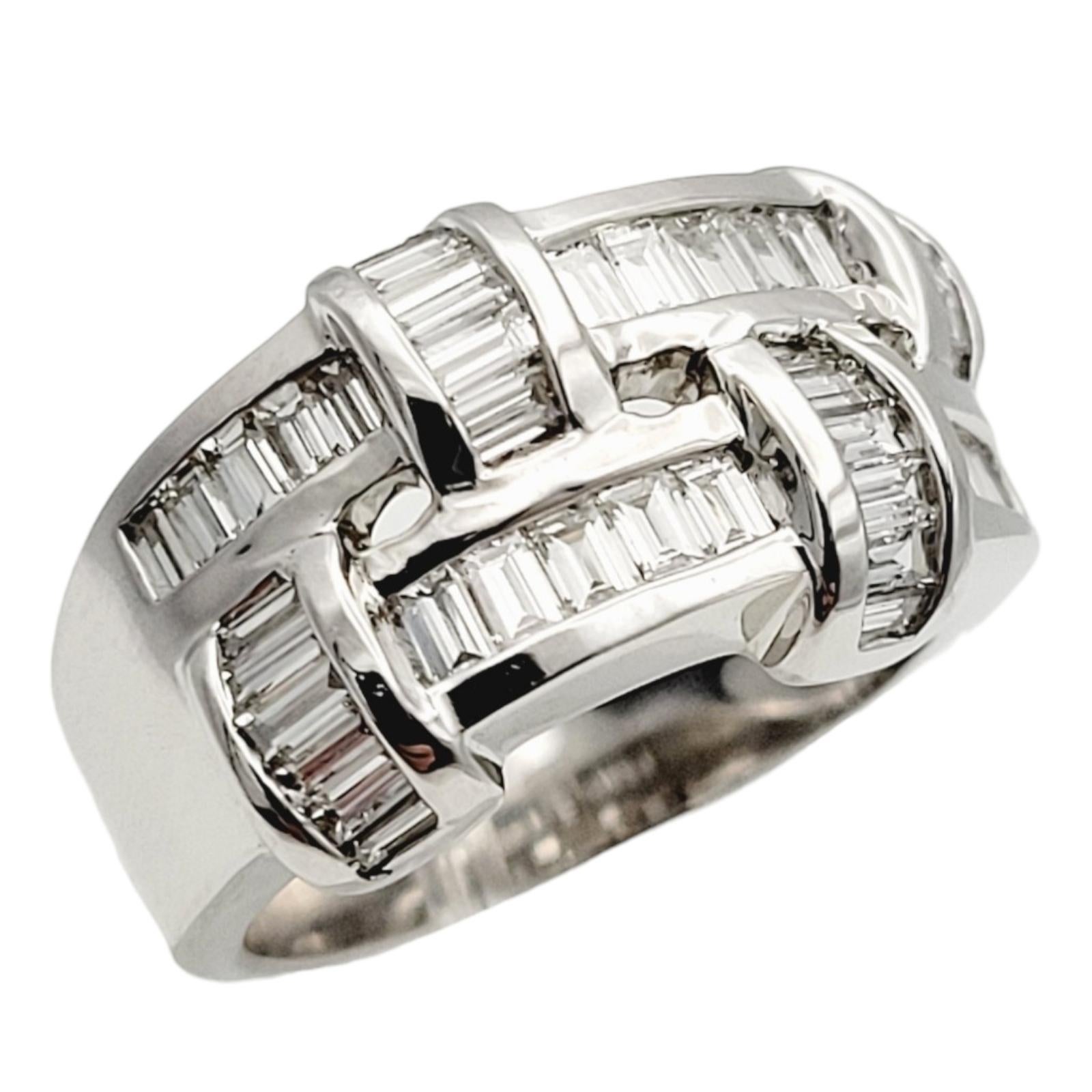 Baguette Diamond Woven Two Band Four Station Ring in 18 Karat White Gold In Good Condition For Sale In Scottsdale, AZ