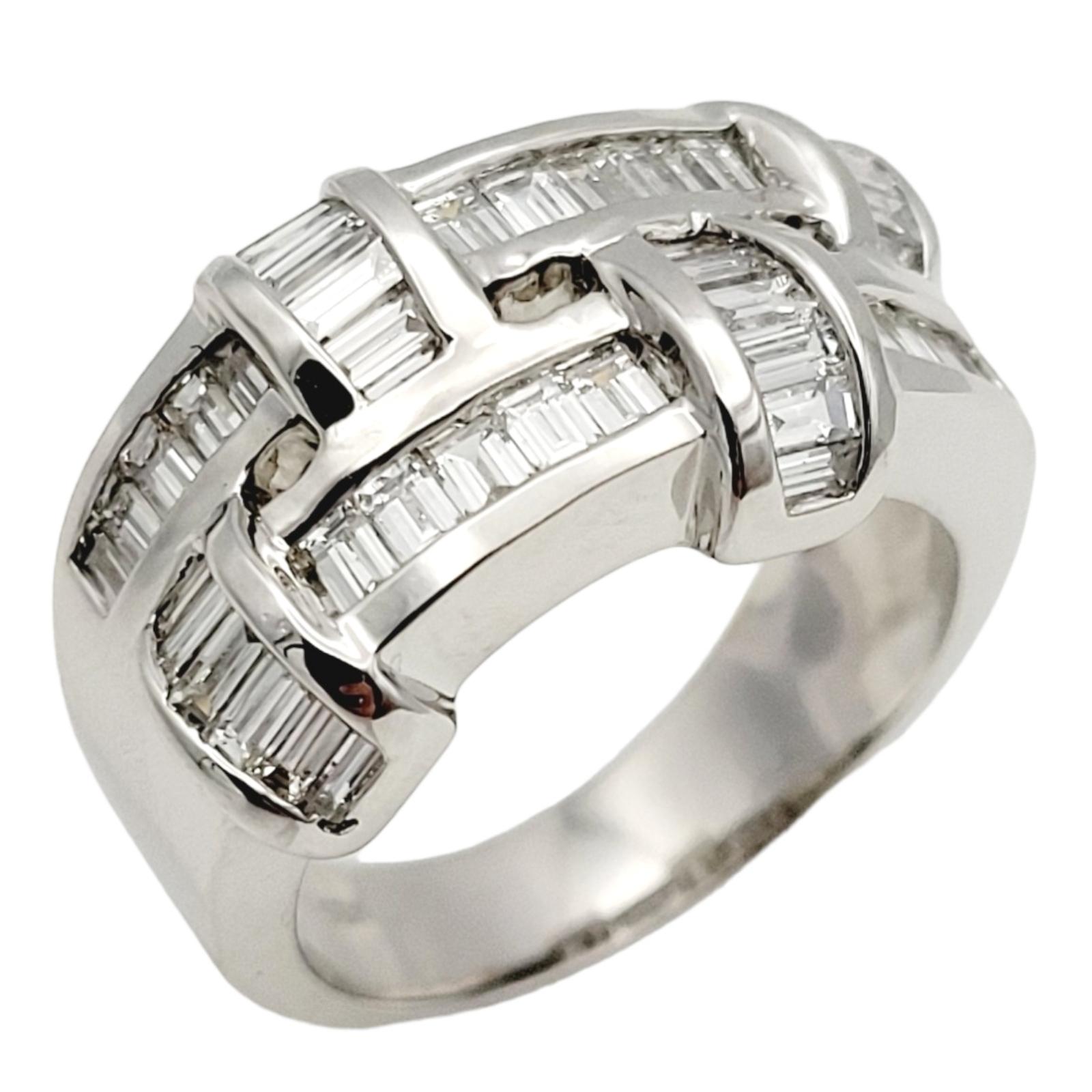 Women's Baguette Diamond Woven Two Band Four Station Ring in 18 Karat White Gold For Sale