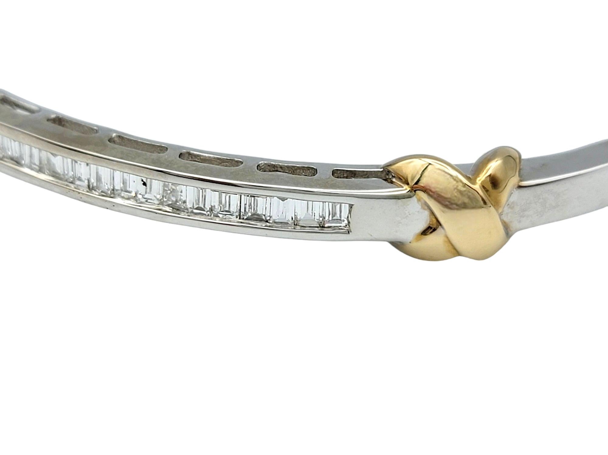 Baguette Cut Baguette Diamond 'X' Design Hinged Bangle Bracelet in Two-Toned 14 Karat Gold For Sale