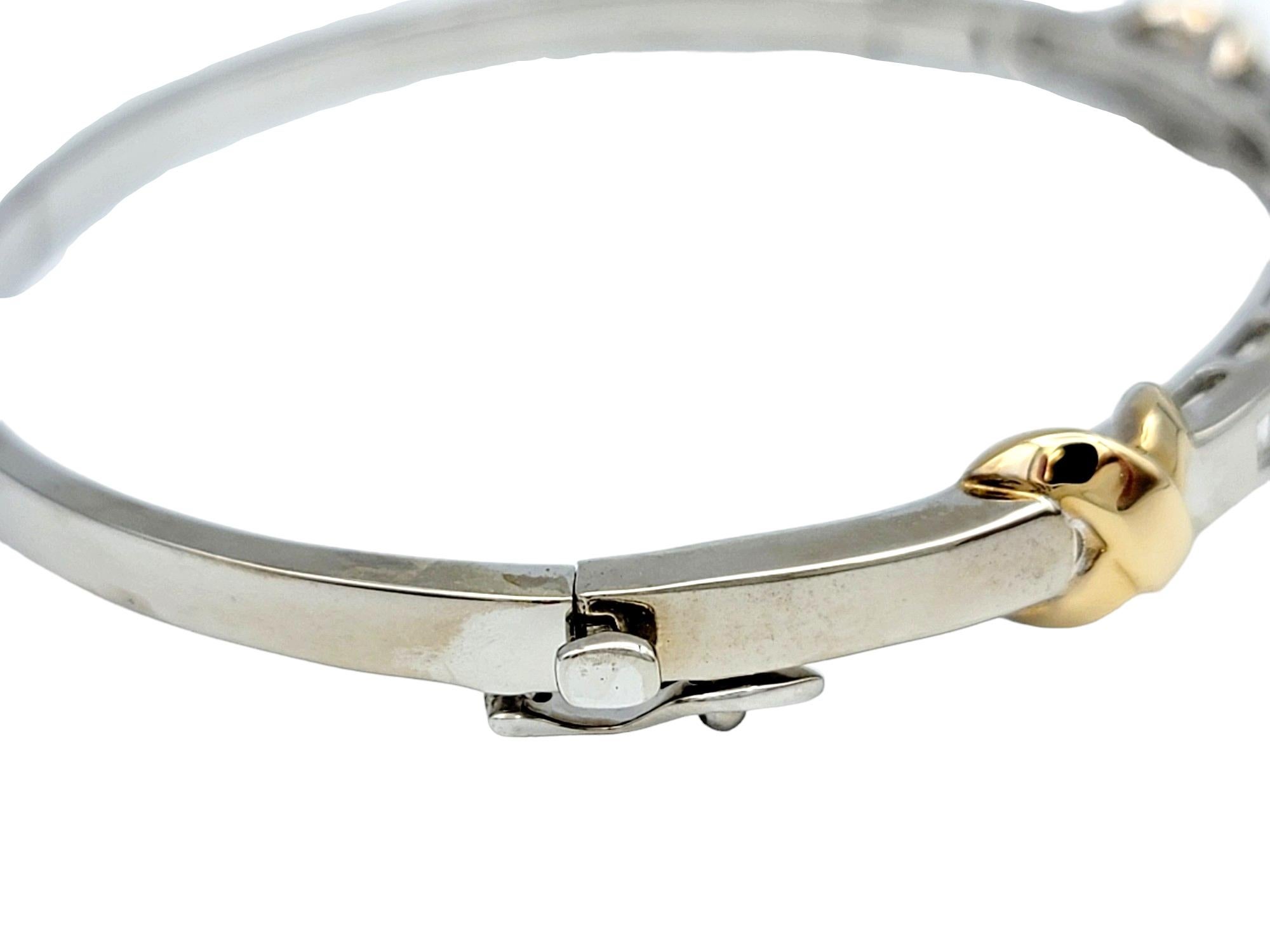Baguette Diamond 'X' Design Hinged Bangle Bracelet in Two-Toned 14 Karat Gold For Sale 1