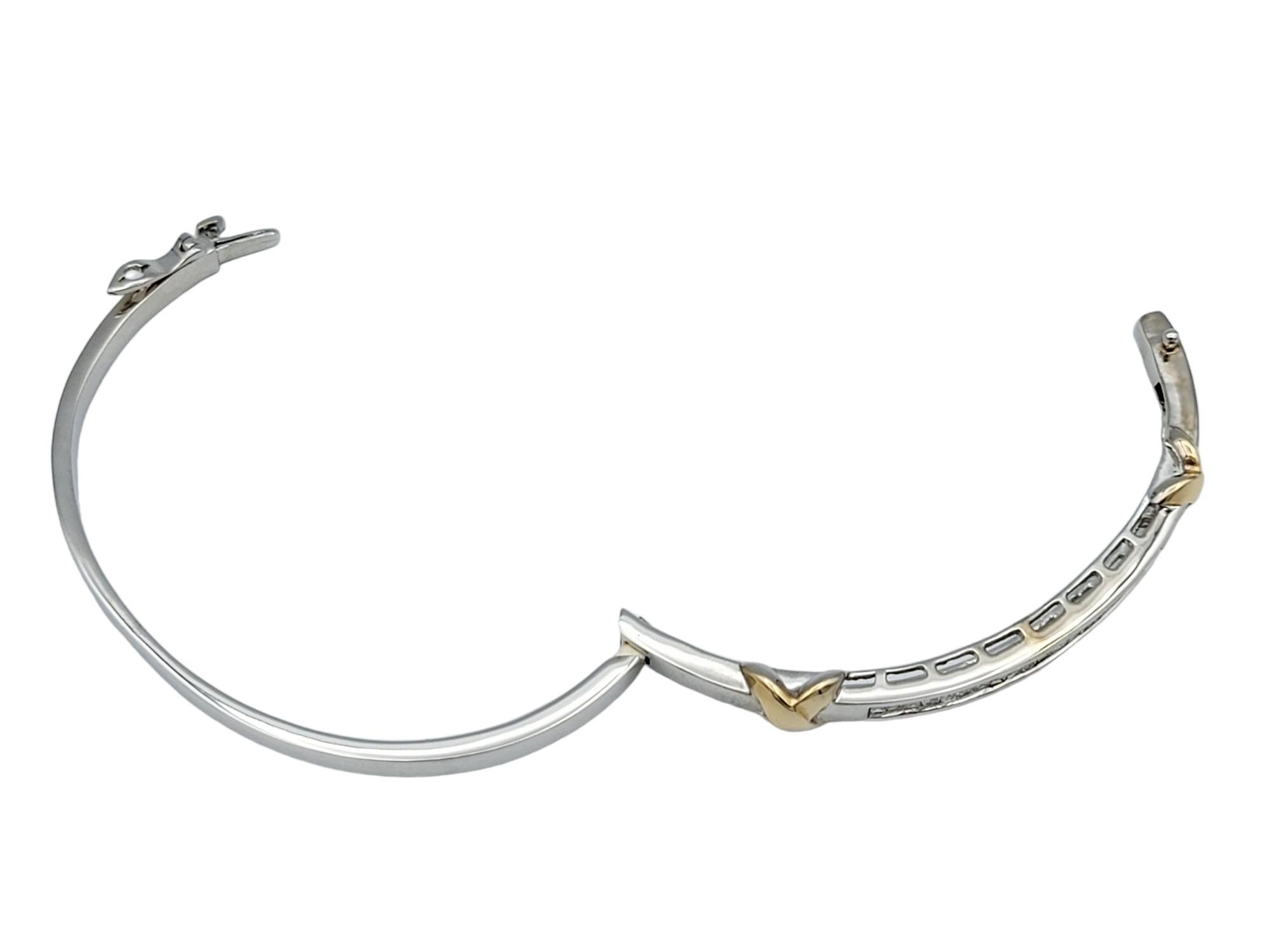 Baguette Diamond 'X' Design Hinged Bangle Bracelet in Two-Toned 14 Karat Gold For Sale 3