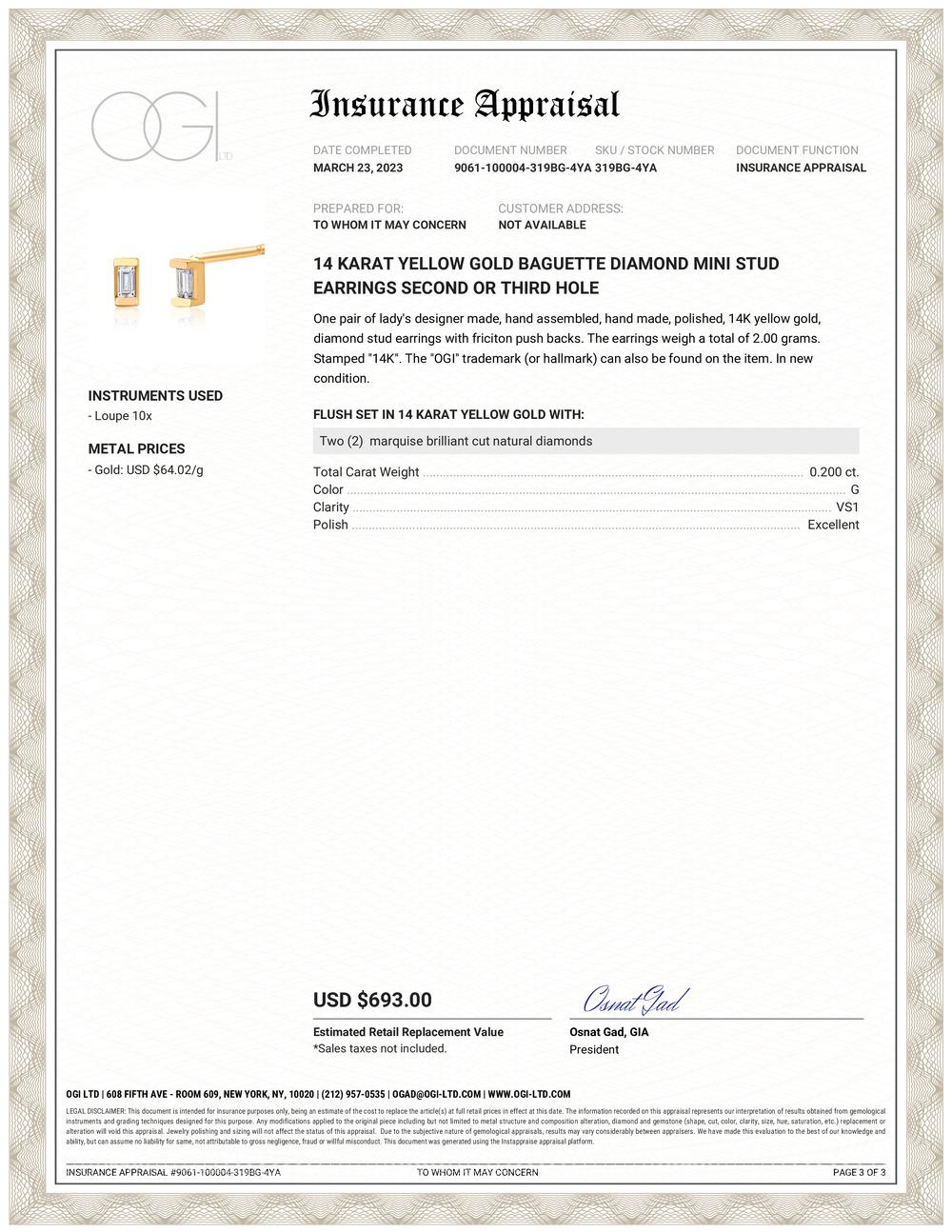 Ein Paar kleine Ohrstecker aus 14 Karat Gelbgold 
Zwei echte Baguette-Diamanten von feiner Qualität mit einem Gewicht von 0,20 Karat
Diese zierlichen und filigranen Ohrstecker eignen sich besonders für das zweite oder dritte Loch 
Die Menschen