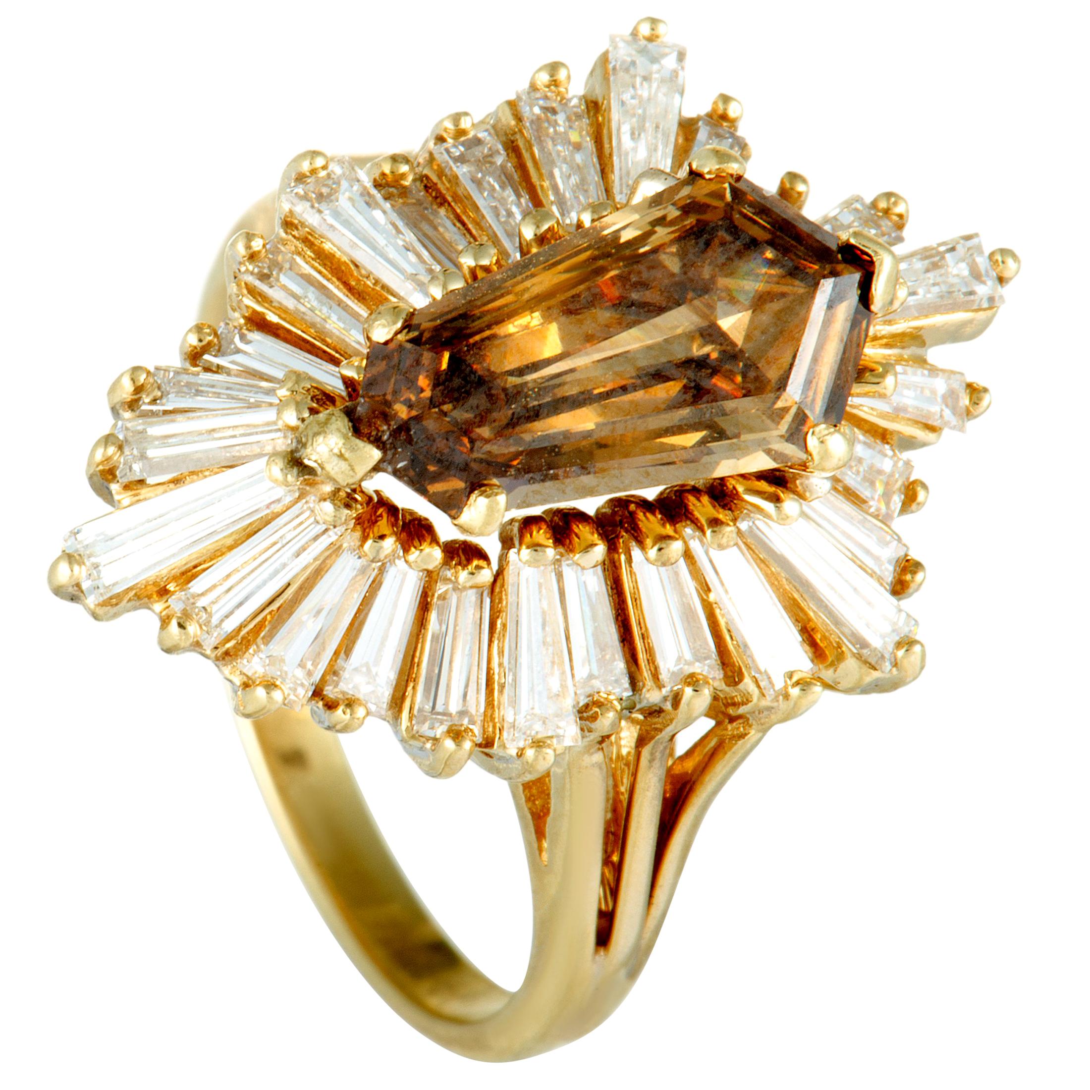 Baguette Diamonds and Brown Center Diamond Yellow Gold Ring