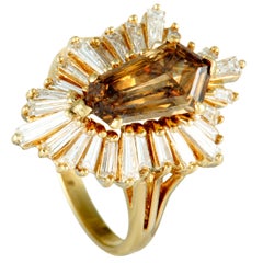 Baguette Diamonds and Brown Center Diamond Yellow Gold Ring