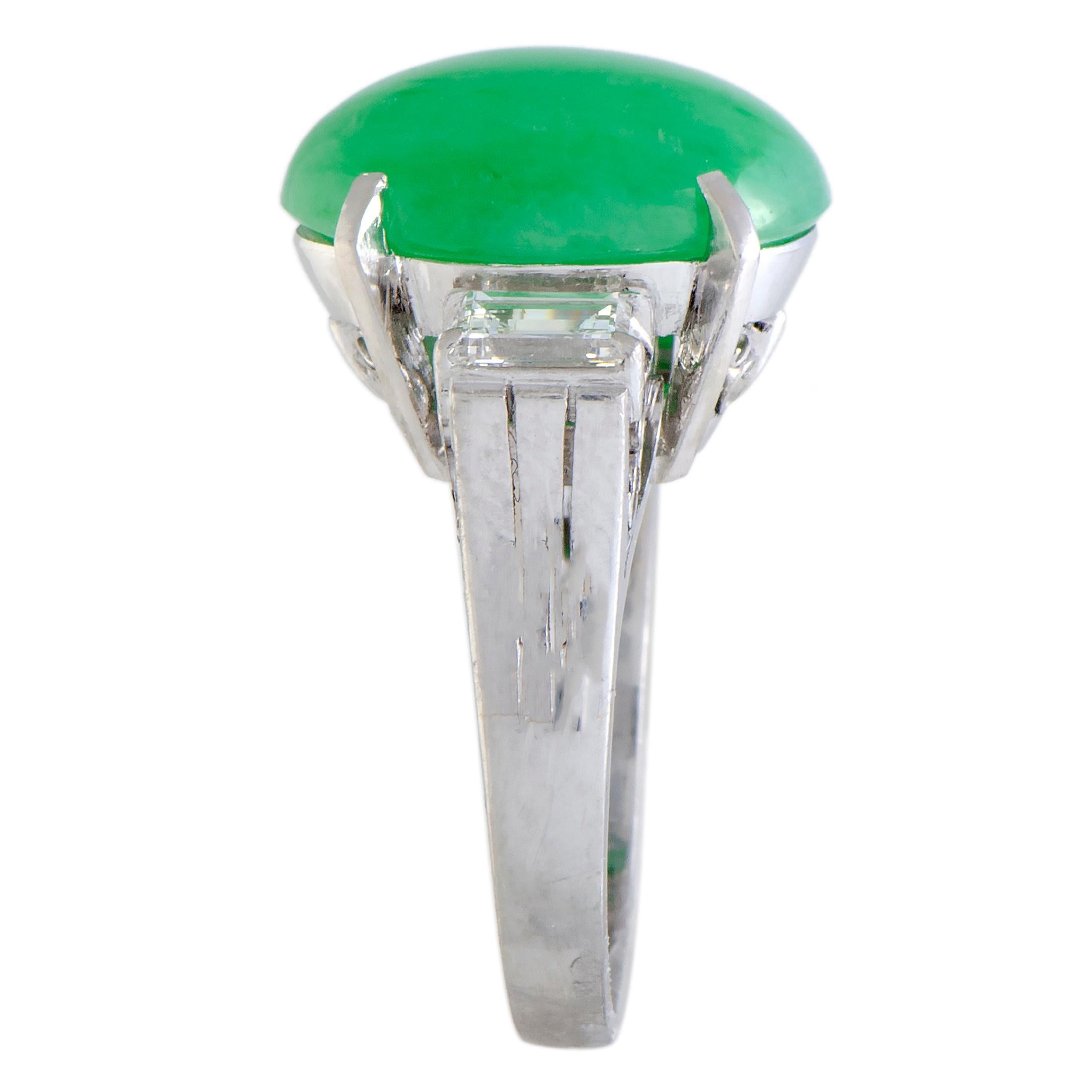 Baguette Diamonds and Oval Green Jade Platinum Ring In Excellent Condition In Southampton, PA