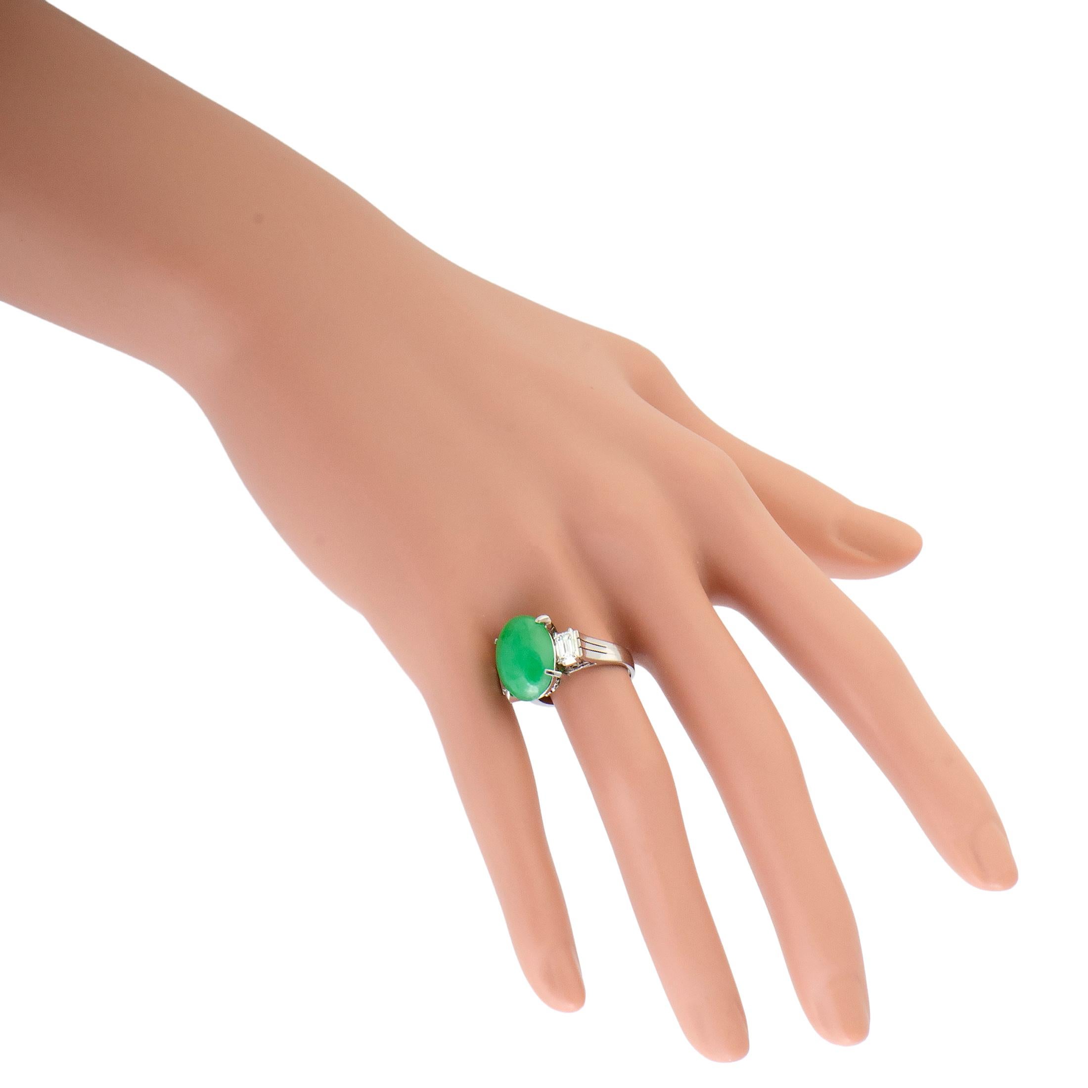 Women's Baguette Diamonds and Oval Green Jade Platinum Ring