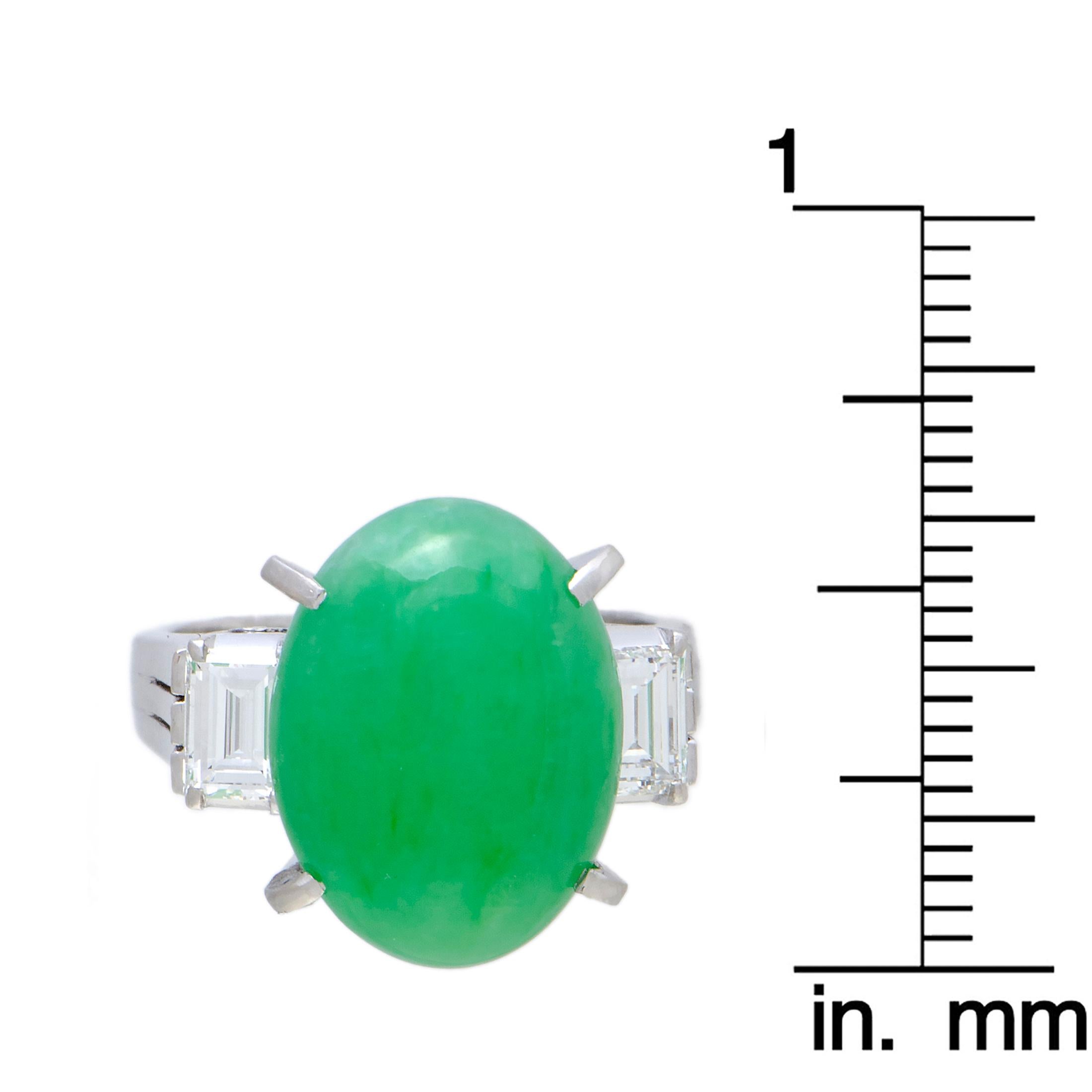 Baguette Diamonds and Oval Green Jade Platinum Ring 1