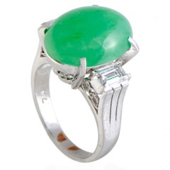 Baguette Diamonds and Oval Green Jade Platinum Ring