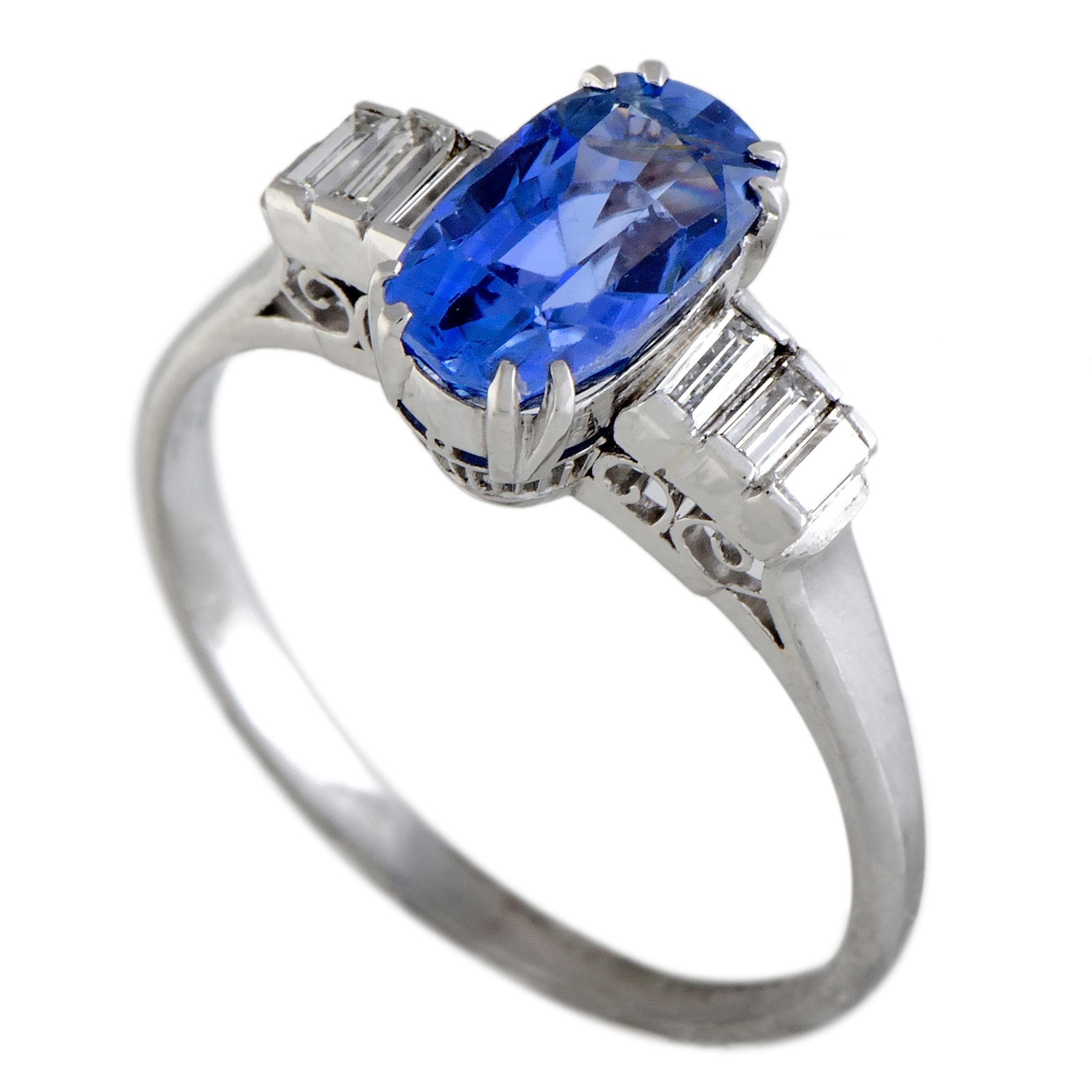 Baguette Diamonds and Oval Sapphire Small Platinum Ring