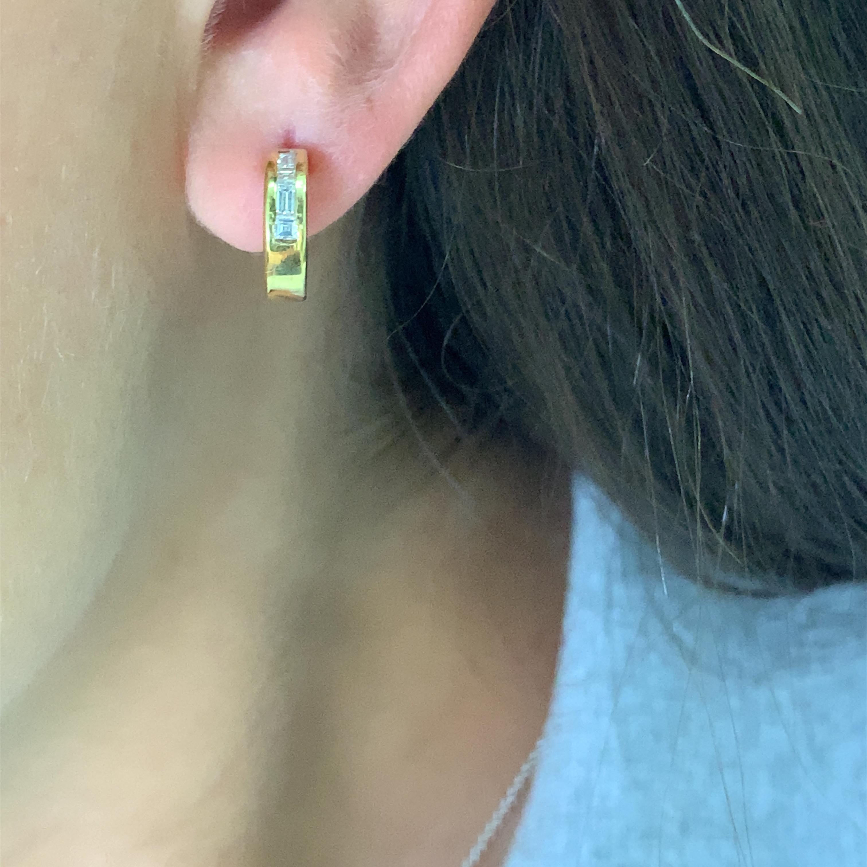 Baguette Cut Baguette diamonds art deco half crescent hoop earrings 18k yellow gold For Sale