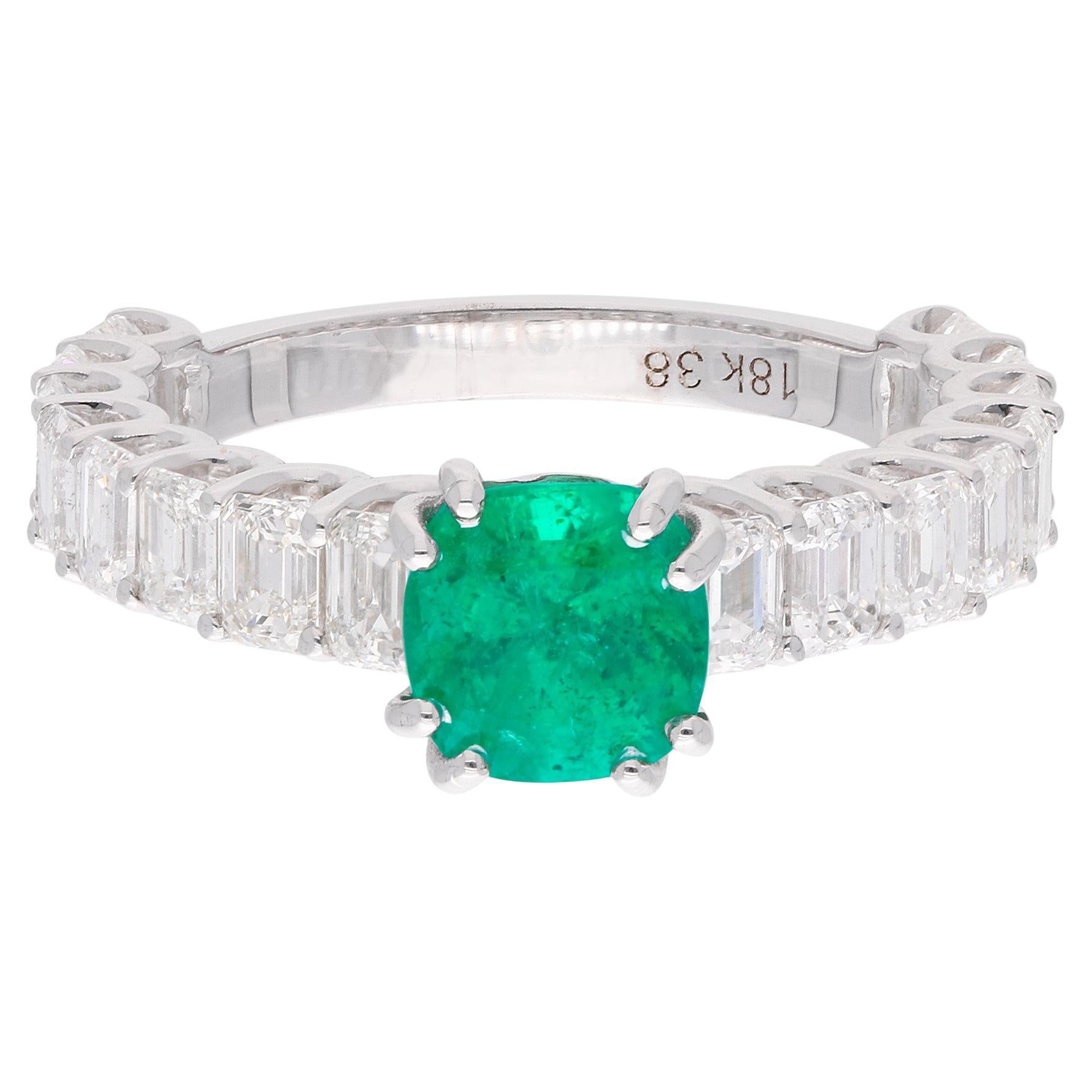 Baguette Diamonds Cushion Cut Emerald Ring 14 Karat White Gold Jewelry