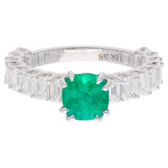 Baguette Diamonds Cushion Cut Emerald Ring 14 Karat White Gold Jewelry