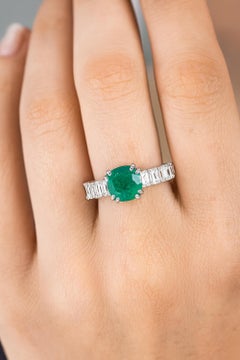 Baguette Diamonds Cushion Cut Emerald Ring 18 Karat White Gold Jewelry