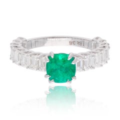 Baguette Diamonds Cushion Cut Emerald Ring 18 Karat White Gold Jewelry