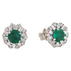 Baguette Diamonds & Emerald Stud Earrings Made In 14k White Gold