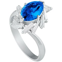 Baguette Diamonds Marquise Sapphire Platinum Ring