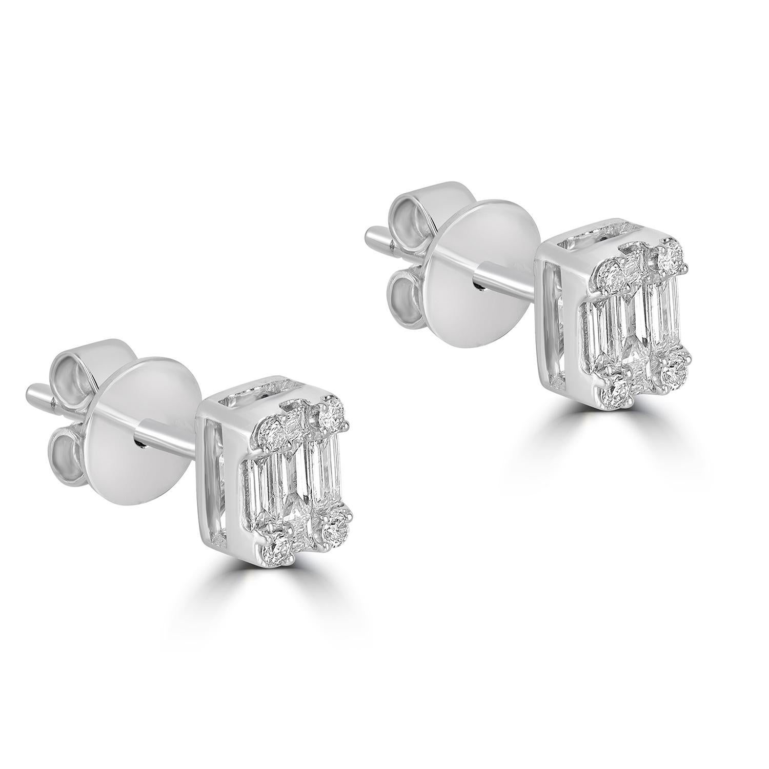 Baguette Diamanten Minimal Ohrstecker aus 18k Weißgold (Art déco) im Angebot