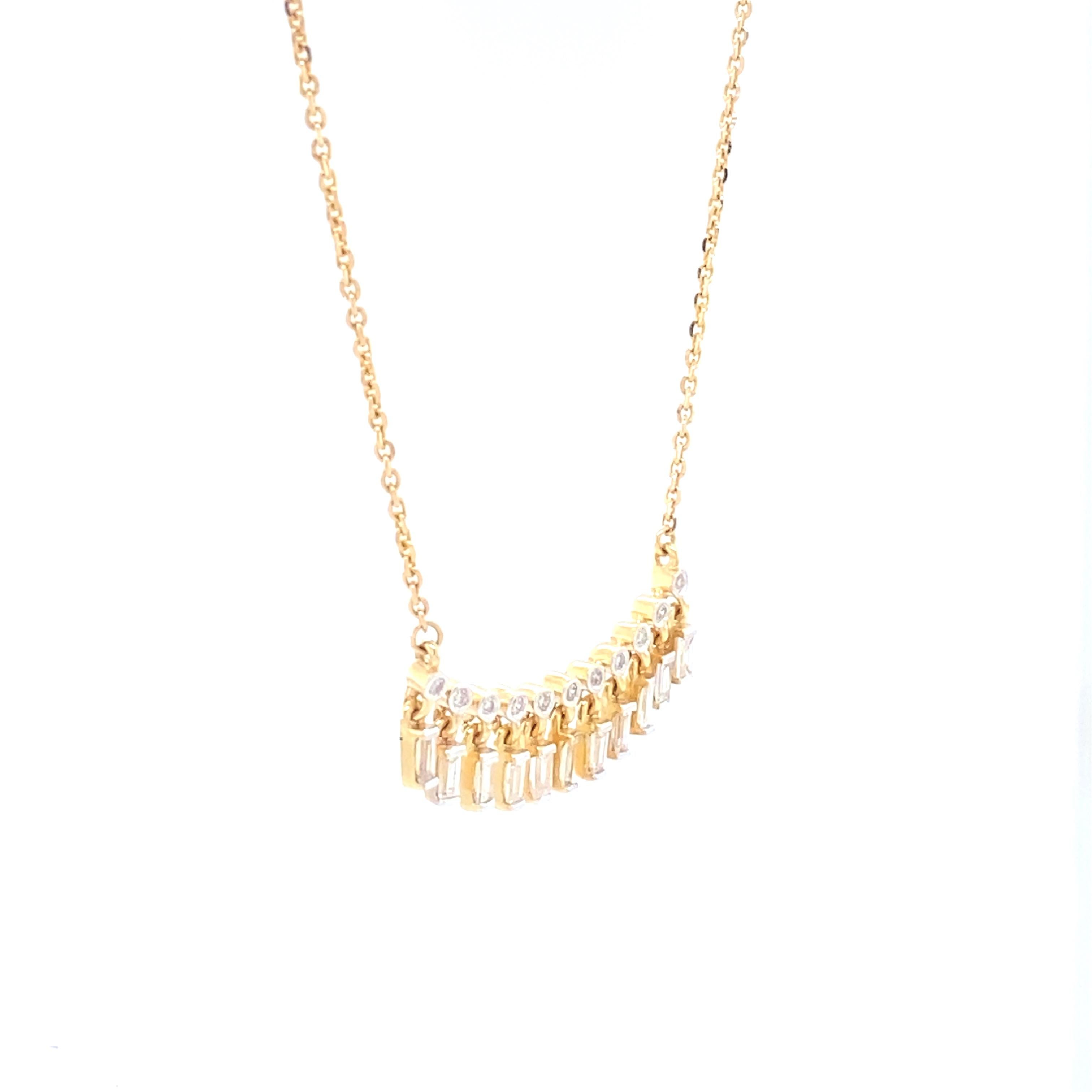 Art Deco Baguette Drop And Round Diamonds Bar Pendant Necklace in 18k Solid Gold For Sale