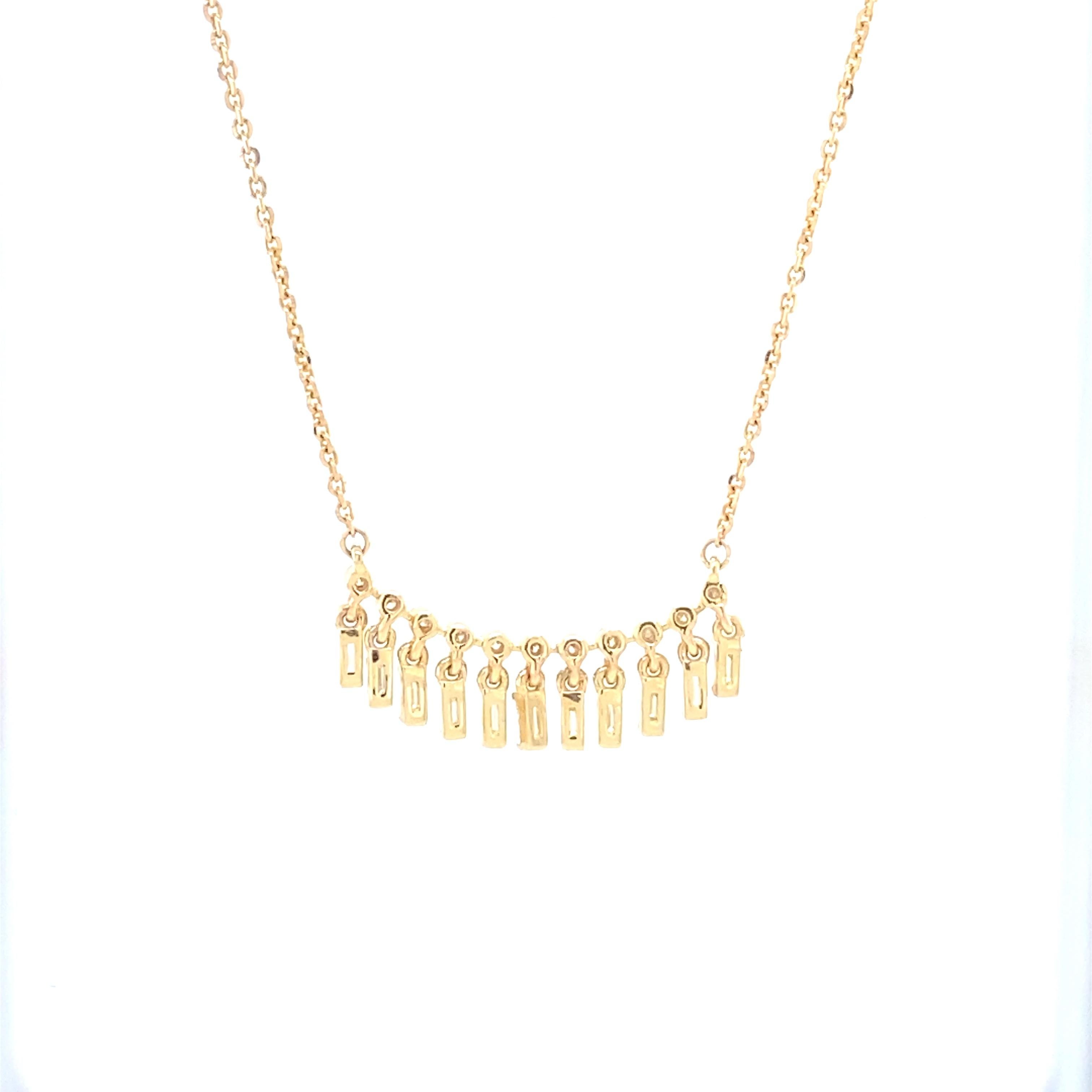 Round Cut Baguette Drop And Round Diamonds Bar Pendant Necklace in 18k Solid Gold For Sale