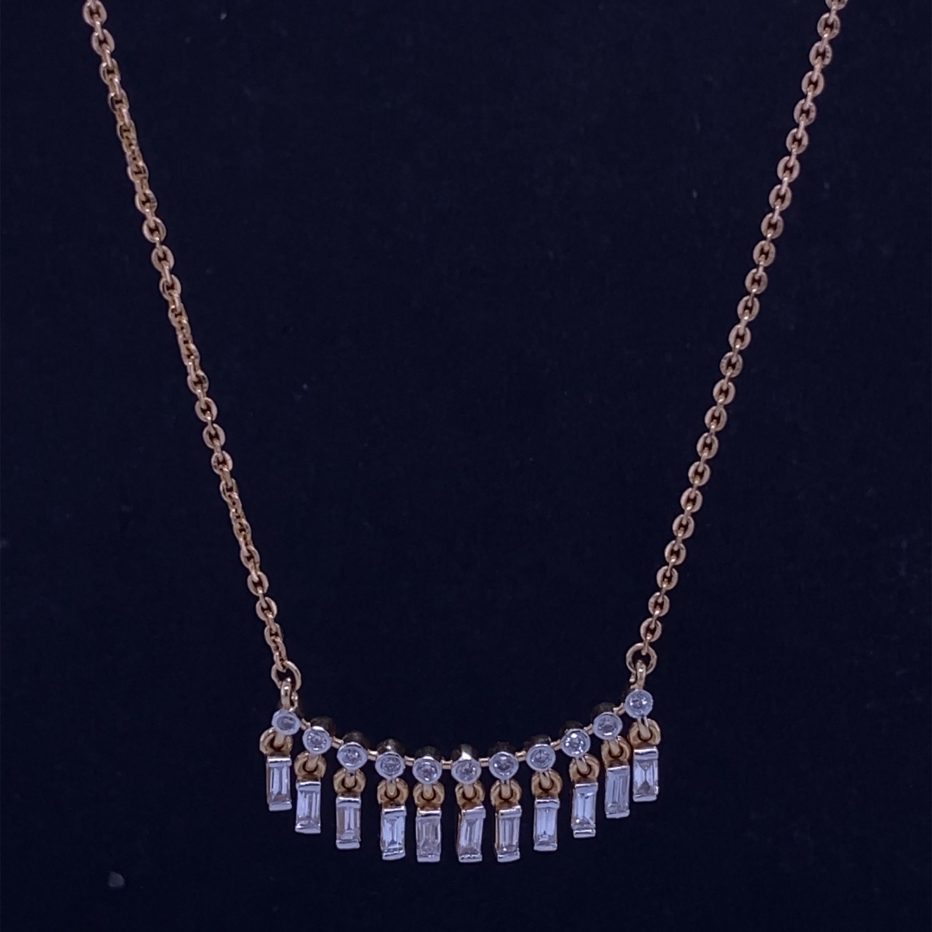 Baguette Drop And Round Diamonds Bar Pendant Necklace in 18k Solid Gold For Sale 1