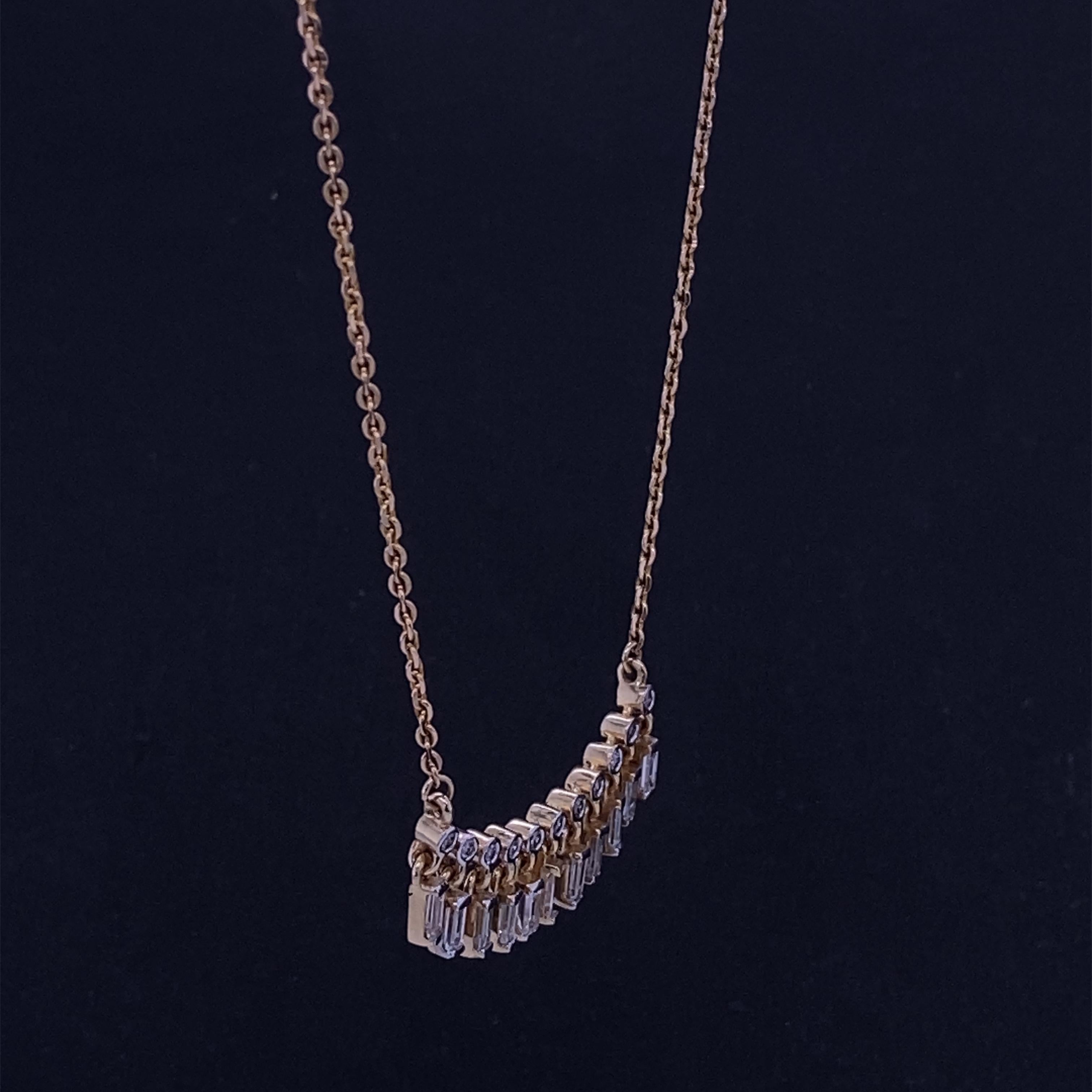 Baguette Drop And Round Diamonds Bar Pendant Necklace in 18k Solid Gold For Sale 2