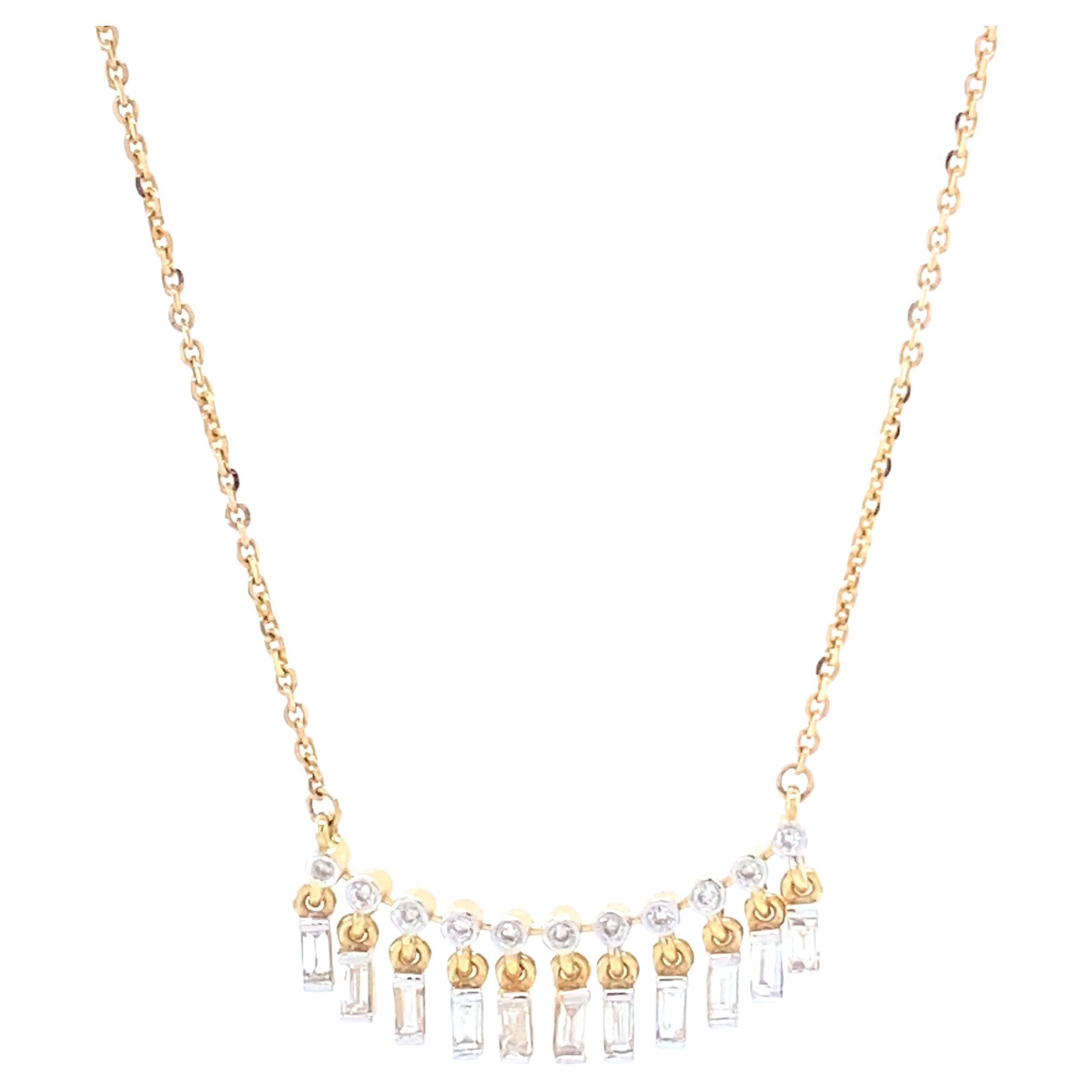 Baguette Drop And Round Diamonds Bar Pendant Necklace in 18k Solid Gold