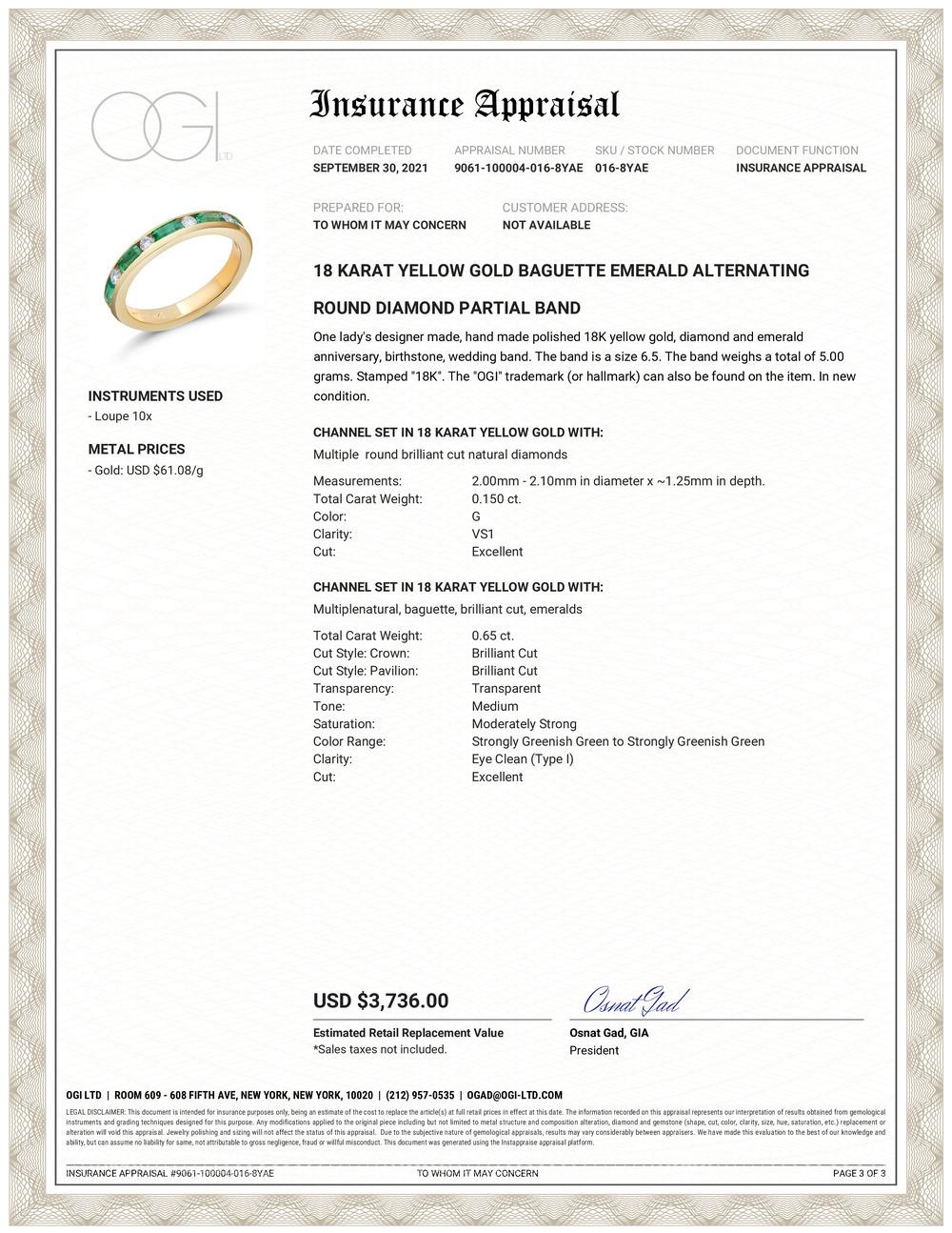 18 Karats yellow gold baguette-shaped emerald alternating with round-shaped diamond 
The ring is a 3-millimeter channel set, partial wedding or anniversary ring 
Baguette emerald weighing 0.65 carats
Round diamond weighing 0.15
Diamond quality G
