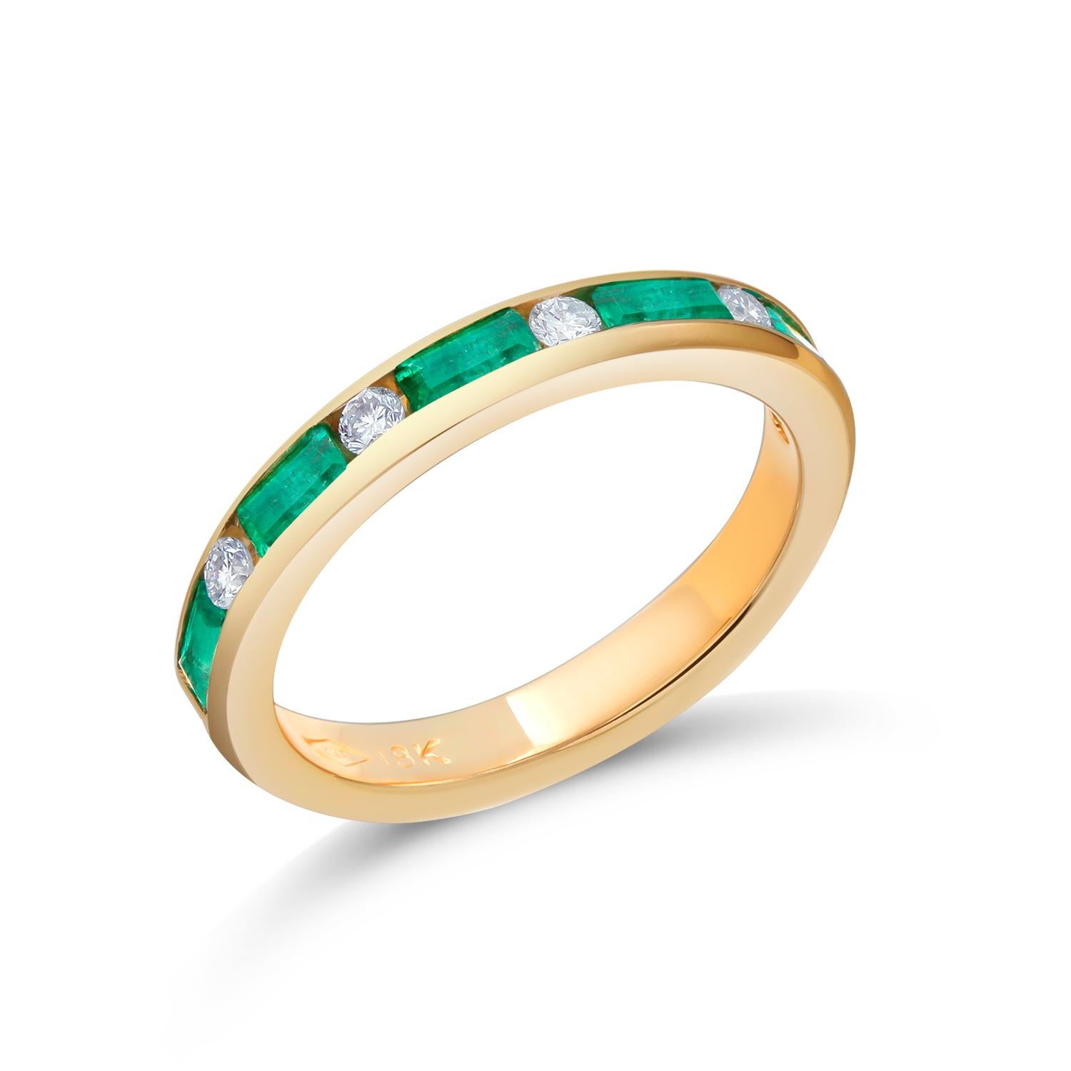 Baguette Emerald Alternating Round Diamond Partial Yellow Gold Band 2
