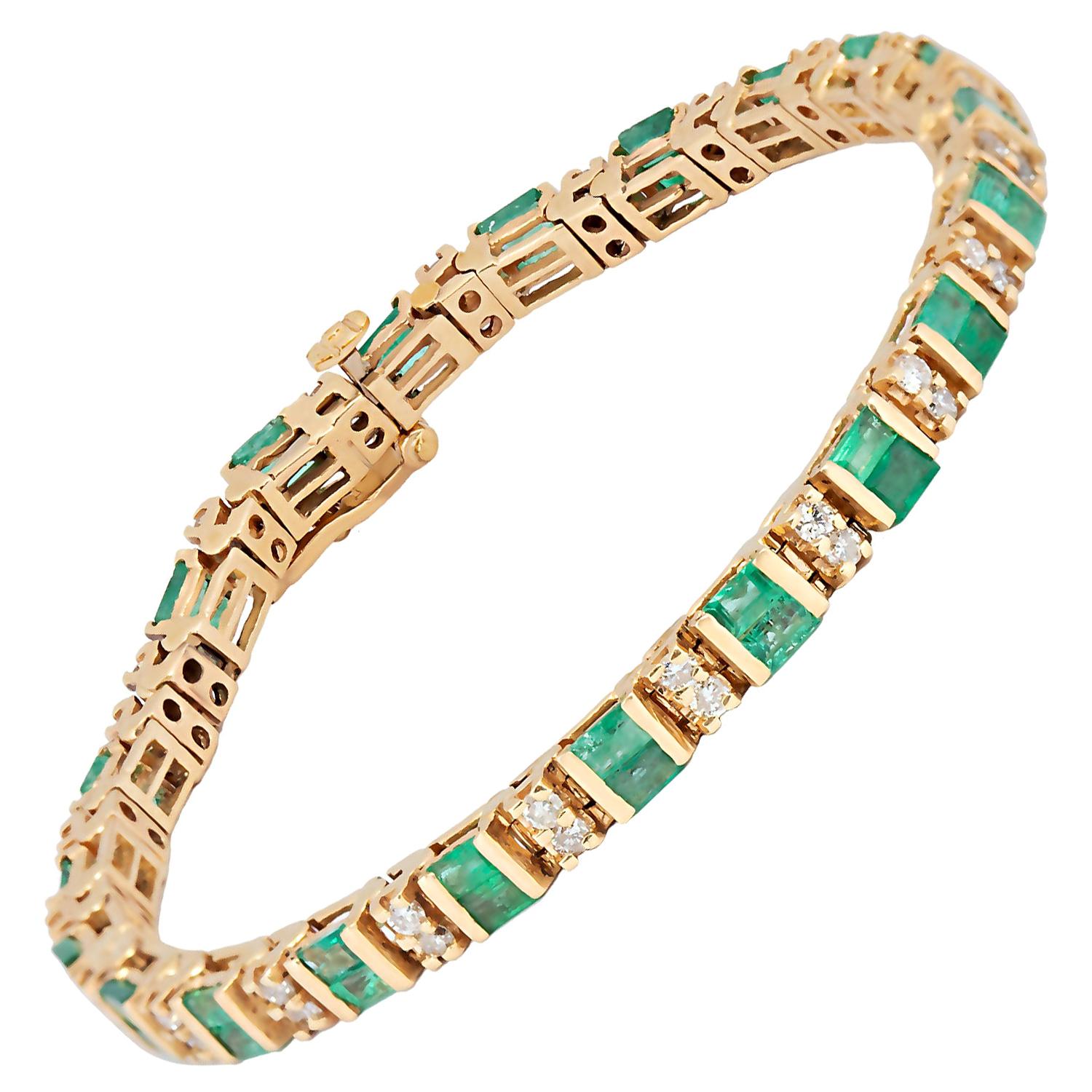 Baguette Emerald and Round Diamond Line Bracelet 18K Yellow Gold For Sale