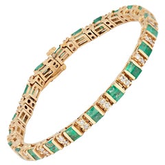 Baguette Emerald and Round Diamond Line Bracelet 18K Yellow Gold
