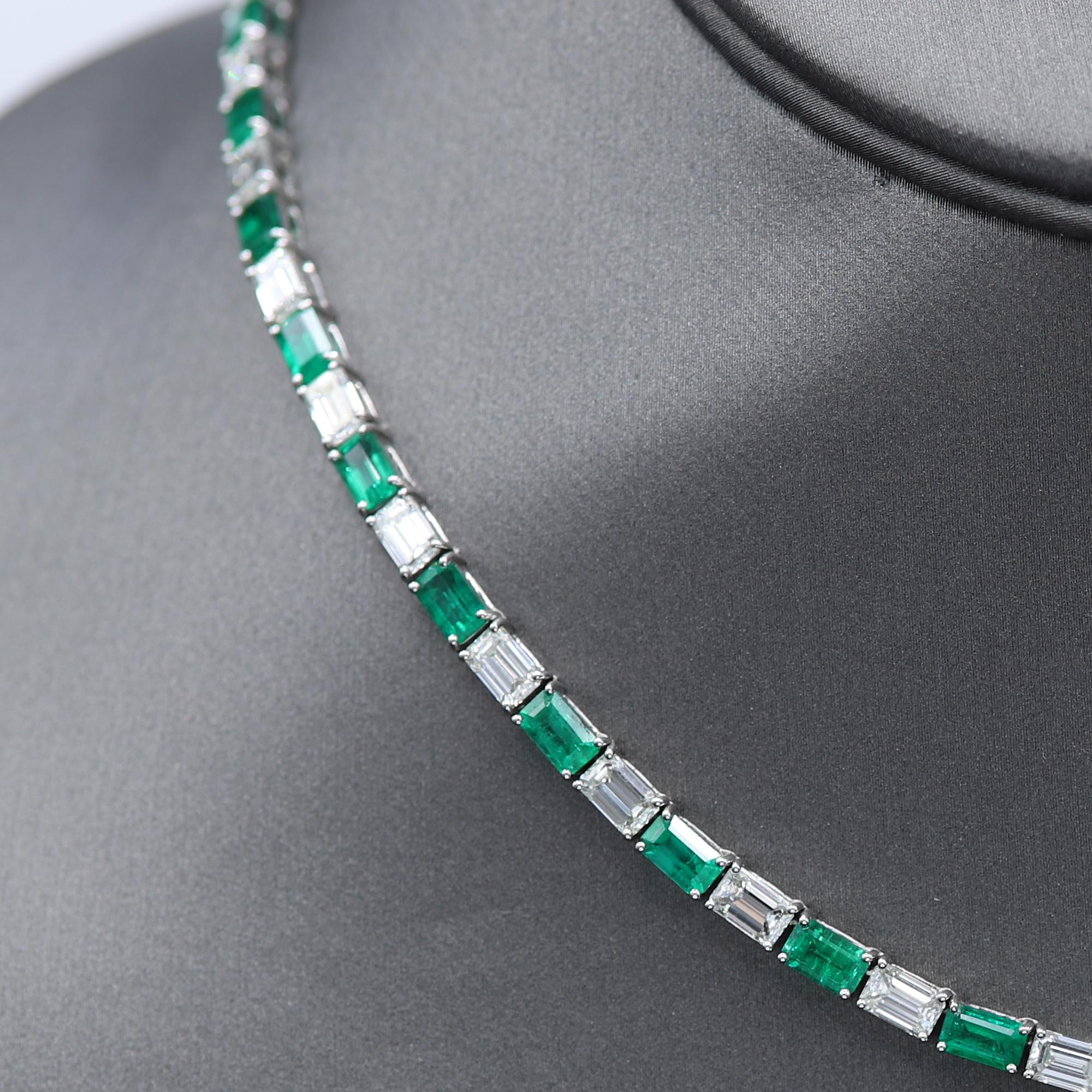 Sleek Classic Emerald & Diamond Necklace (all around)
Baguette Shape stones size 5 x 3 mm
18k White Gold 22 grams
Total Emerald 10.44 carats [ colombia ]
Total Diamonds 12.27 carat G-VVS
All stones are Natural.
the High value of this necklace are
