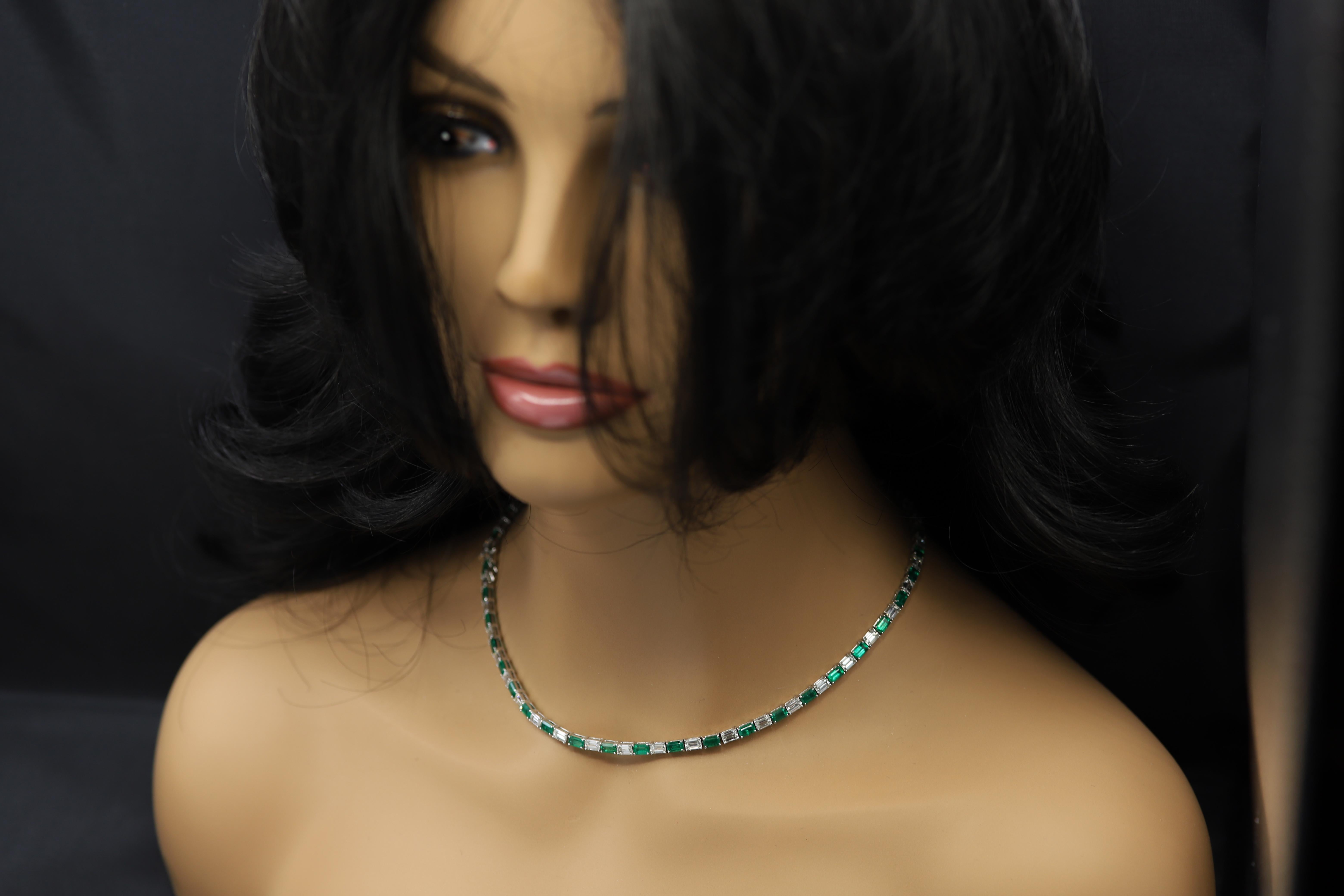 Emerald Cut Baguette Emerald Diamond Necklace 18 Karat White Gold -All Around Necklace  For Sale