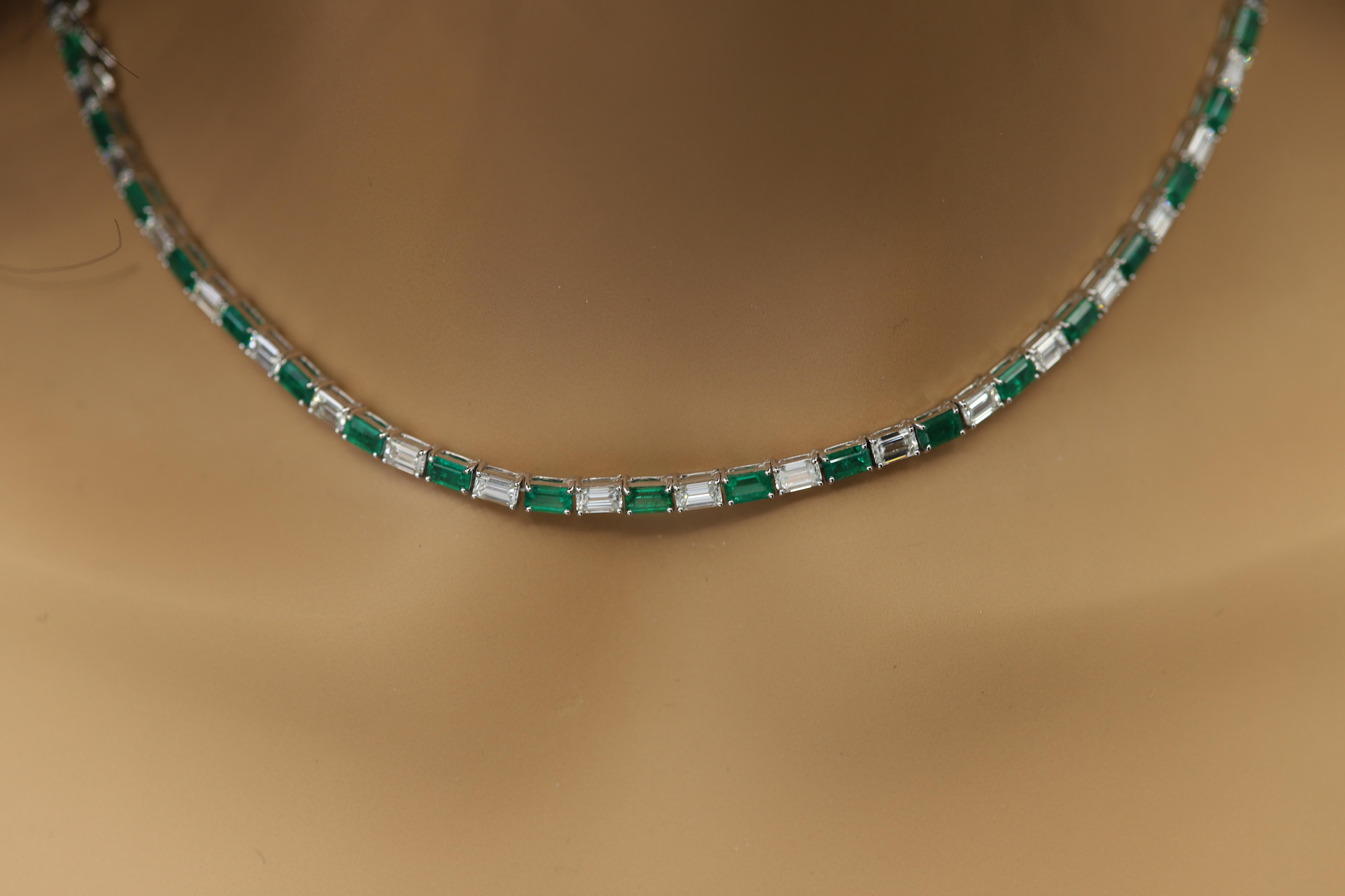 Women's Baguette Emerald Diamond Necklace 18 Karat White Gold -All Around Necklace  For Sale