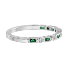 Baguette Emerald & Diamond Vintage Inspired Art Deco Style Thin White Band Ring