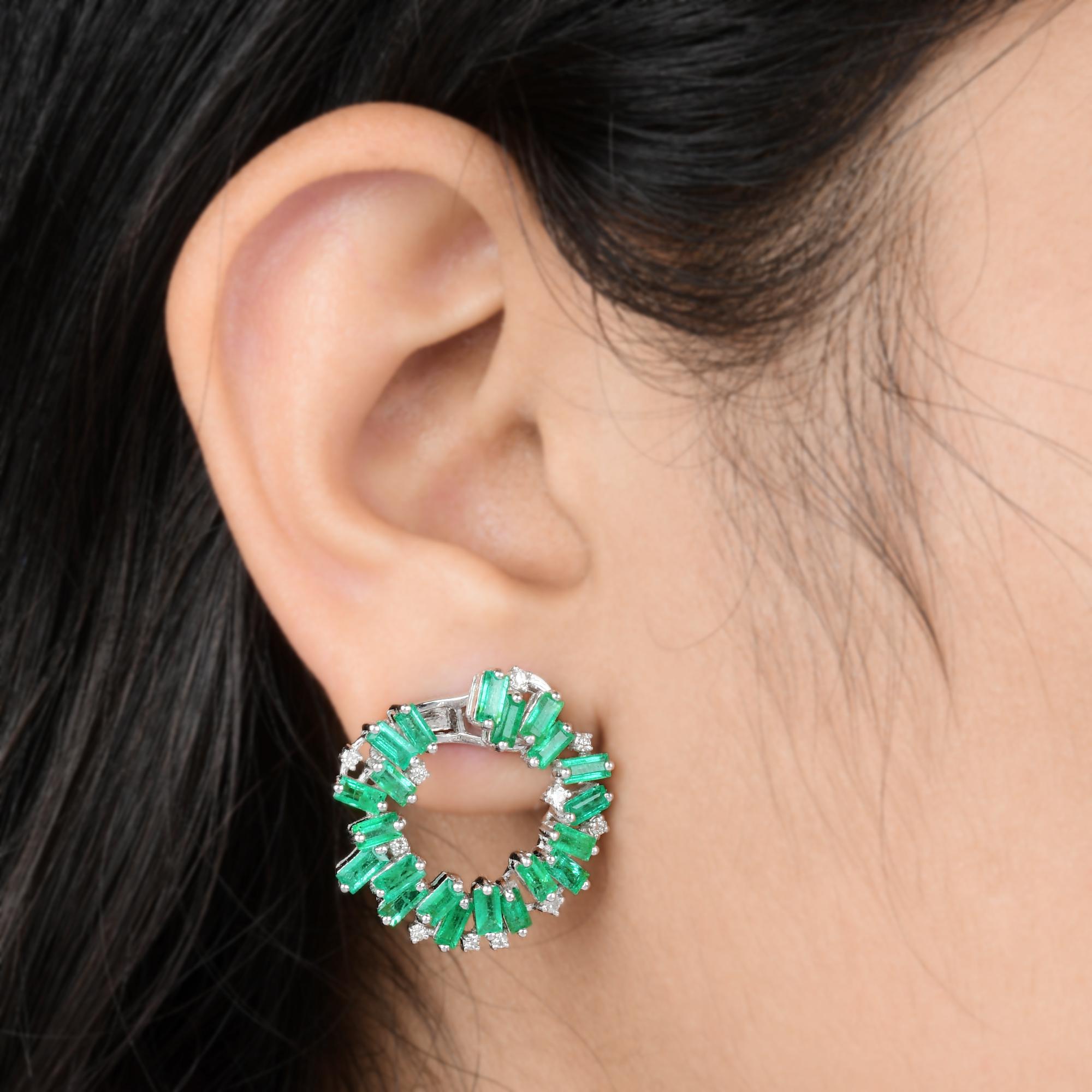 Baguette Cut Baguette Emerald Gemstone Hoop Earrings Diamond 18 Karat White Gold Fine Jewelry For Sale