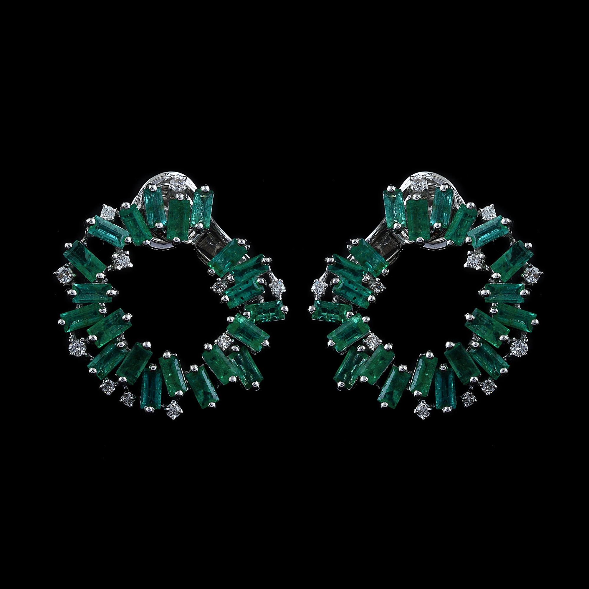 Women's Baguette Emerald Gemstone Hoop Earrings Diamond 18 Karat White Gold Fine Jewelry For Sale