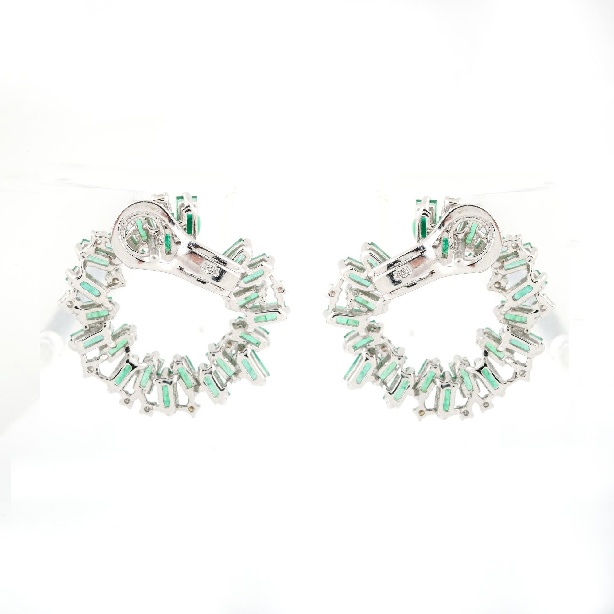 Baguette Emerald Gemstone Hoop Earrings Diamond 18 Karat White Gold Fine Jewelry For Sale 1