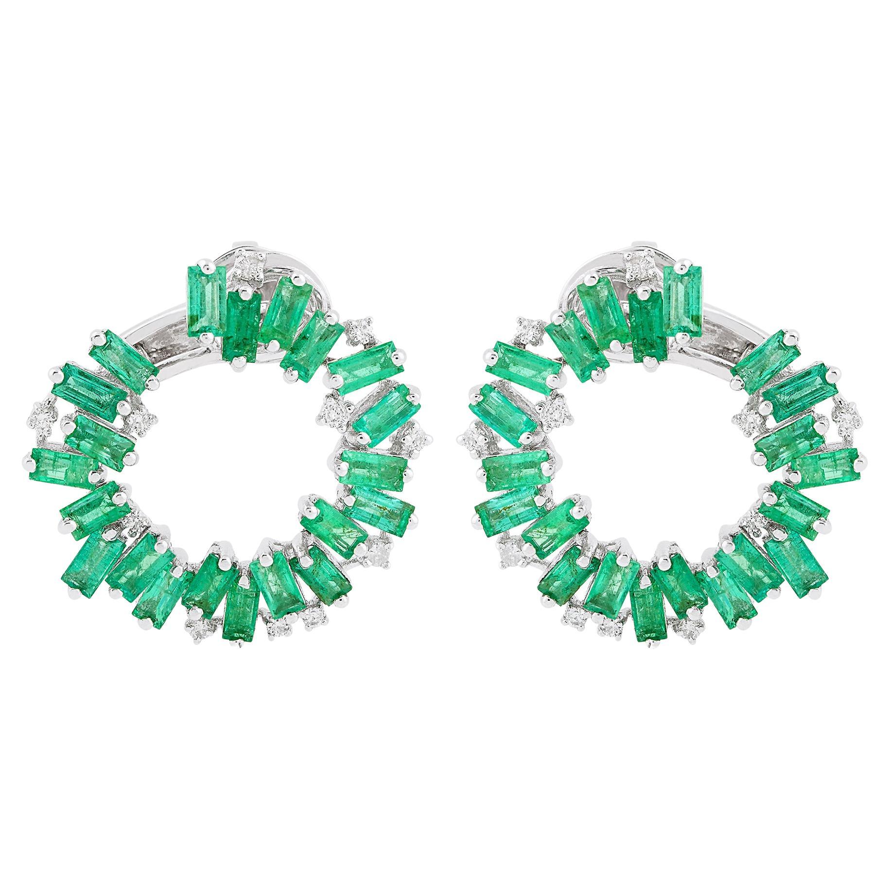 Baguette Emerald Gemstone Hoop Earrings Diamond 18 Karat White Gold Fine Jewelry For Sale