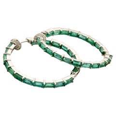 Baguette Emerald Hoop Earrings Pave Diamond 14k White Gold Gemstone Fine Jewelry