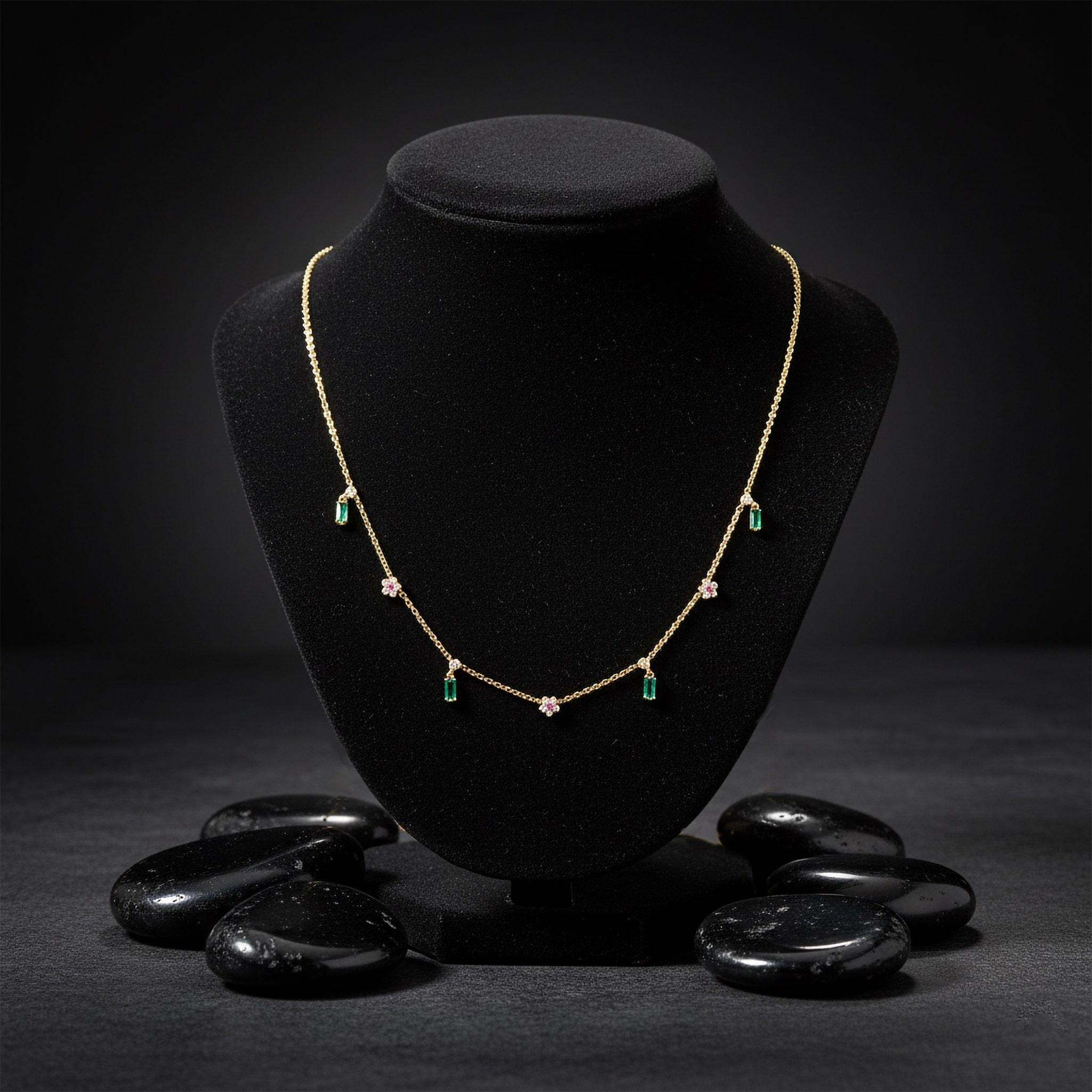 Modern Baguette Emerald Round 14K (or 18k request) Yellow Gold Ruby Charms Necklace For Sale