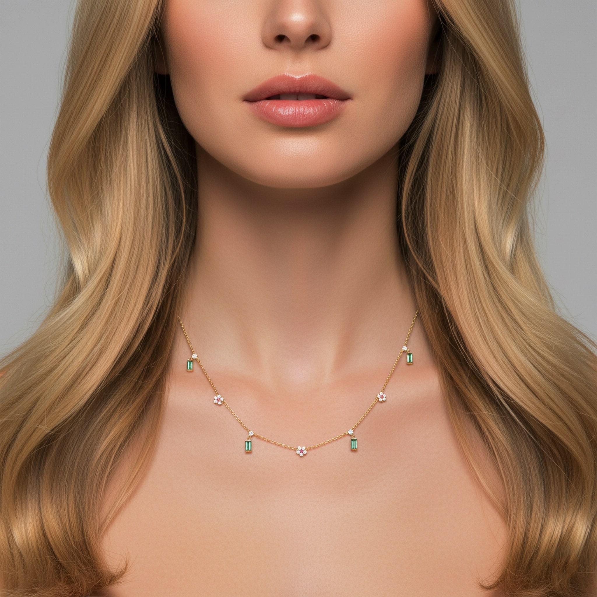 Baguette Emerald Round 14K (or 18k request) Yellow Gold Ruby Charms Necklace In New Condition For Sale In Los Angeles, CA