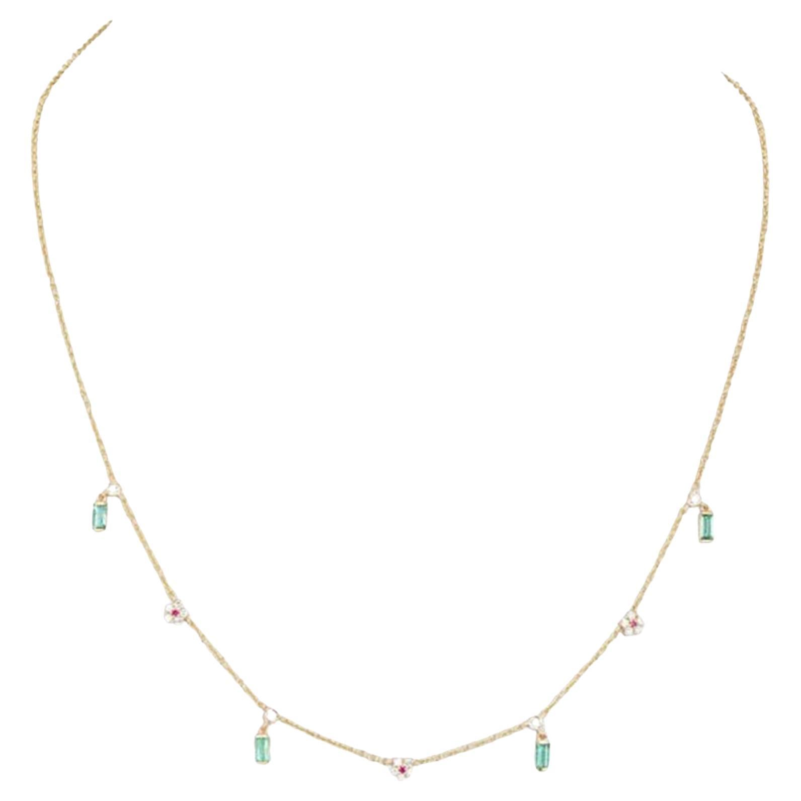 Baguette Emerald Round 14K (or 18k request) Yellow Gold Ruby Charms Necklace For Sale